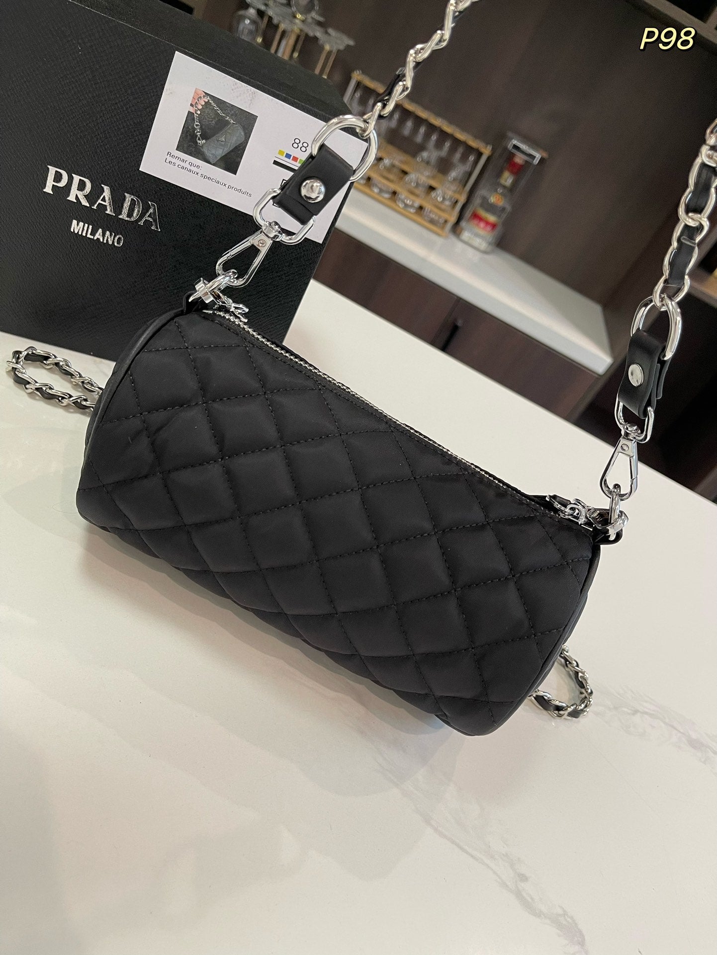 PRA CYLINDRICAL 20 BAG IN BLACK RE-NYLON SILVER HARDWARE mysite