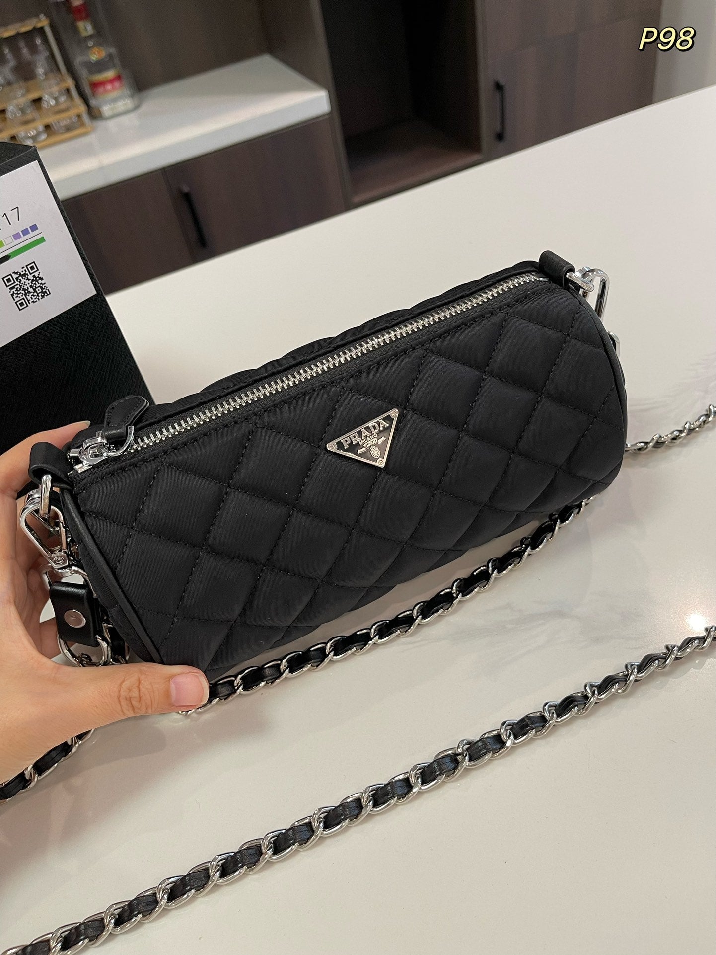 PRA CYLINDRICAL 20 BAG IN BLACK RE-NYLON SILVER HARDWARE mysite