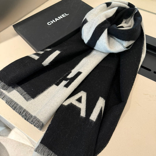 SCARF 200 CM IN BLACK MIX WHITE CASHMERE AND WOOL 401299 mysite