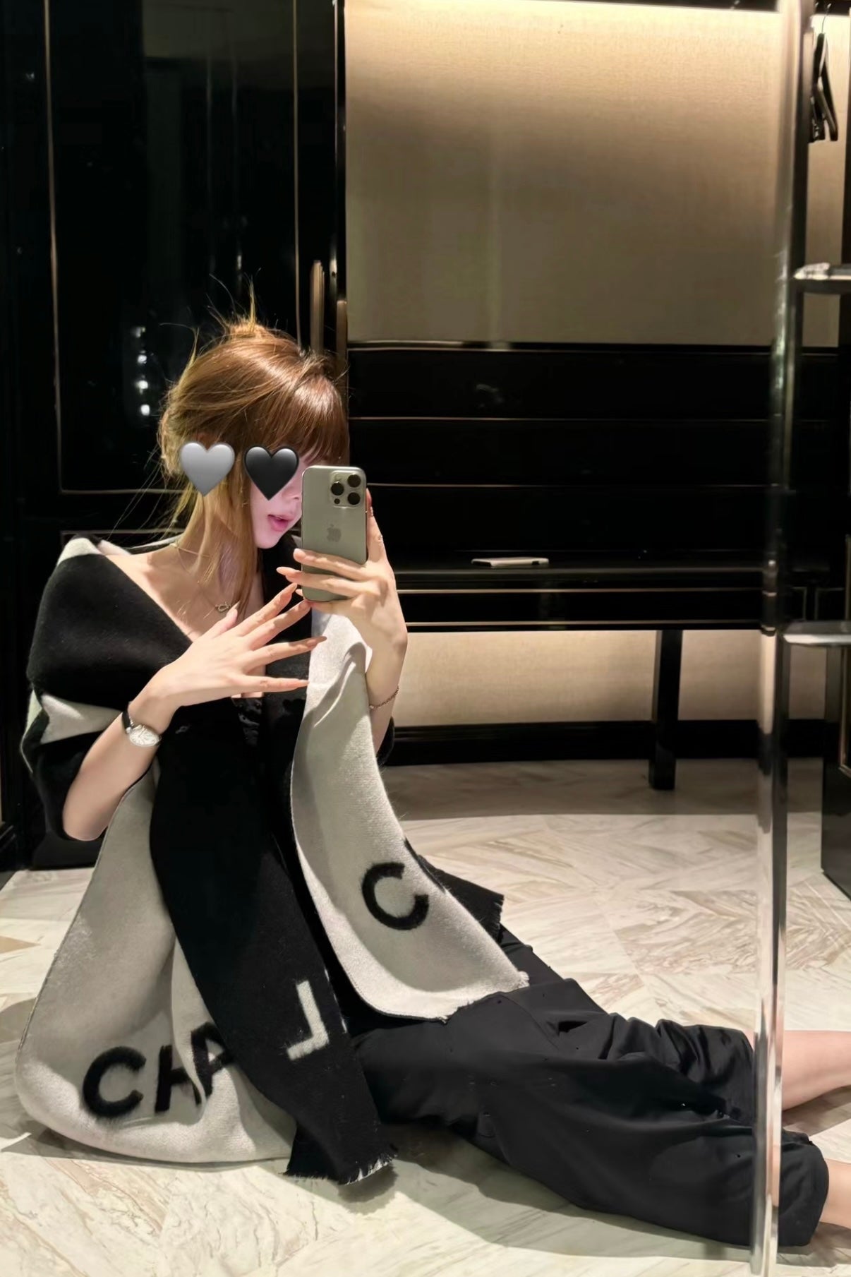 SCARF 200 CM IN BLACK MIX WHITE CASHMERE AND WOOL 401299 mysite