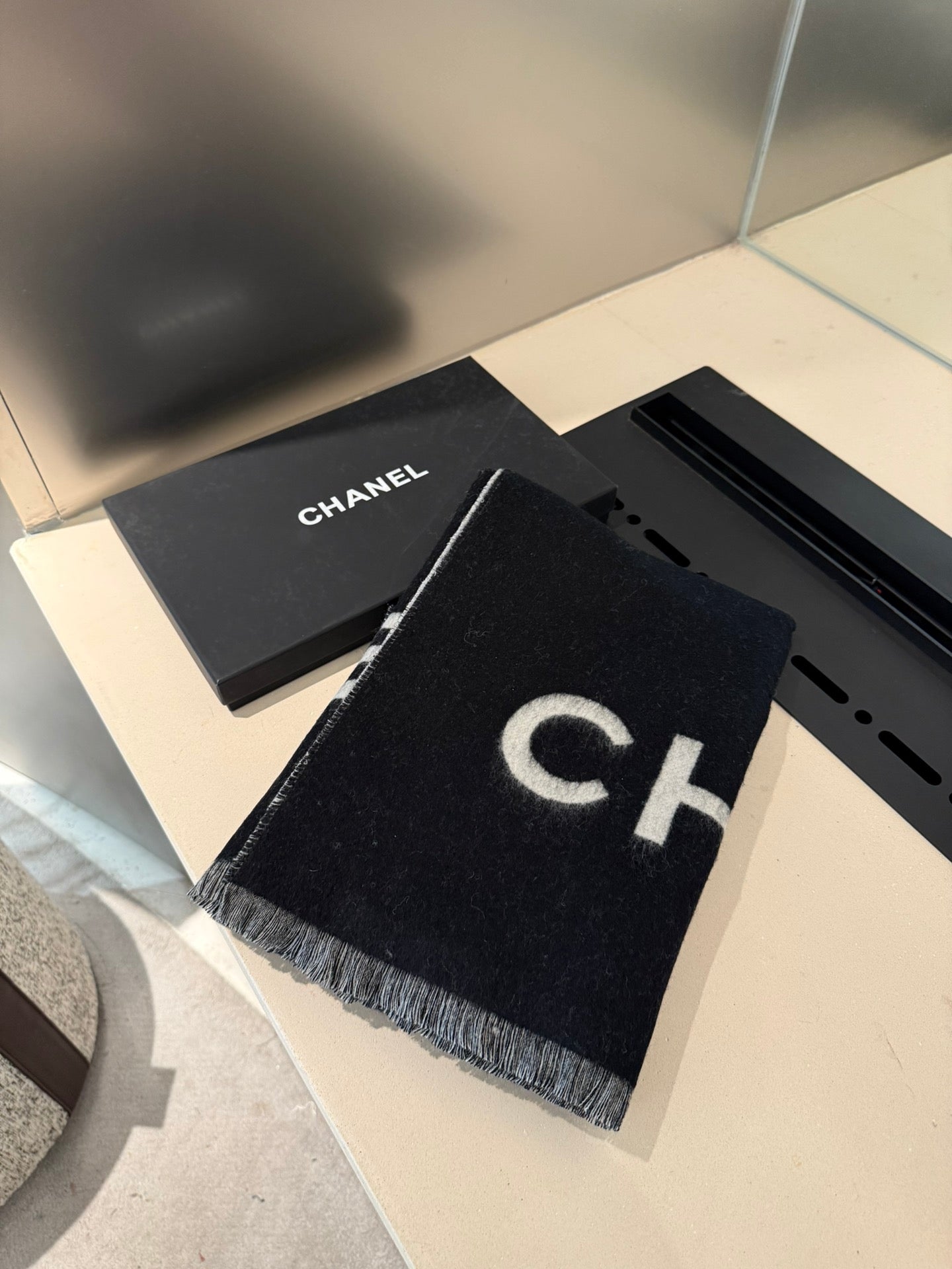 SCARF 200 CM IN BLACK MIX WHITE CASHMERE AND WOOL 401299 mysite