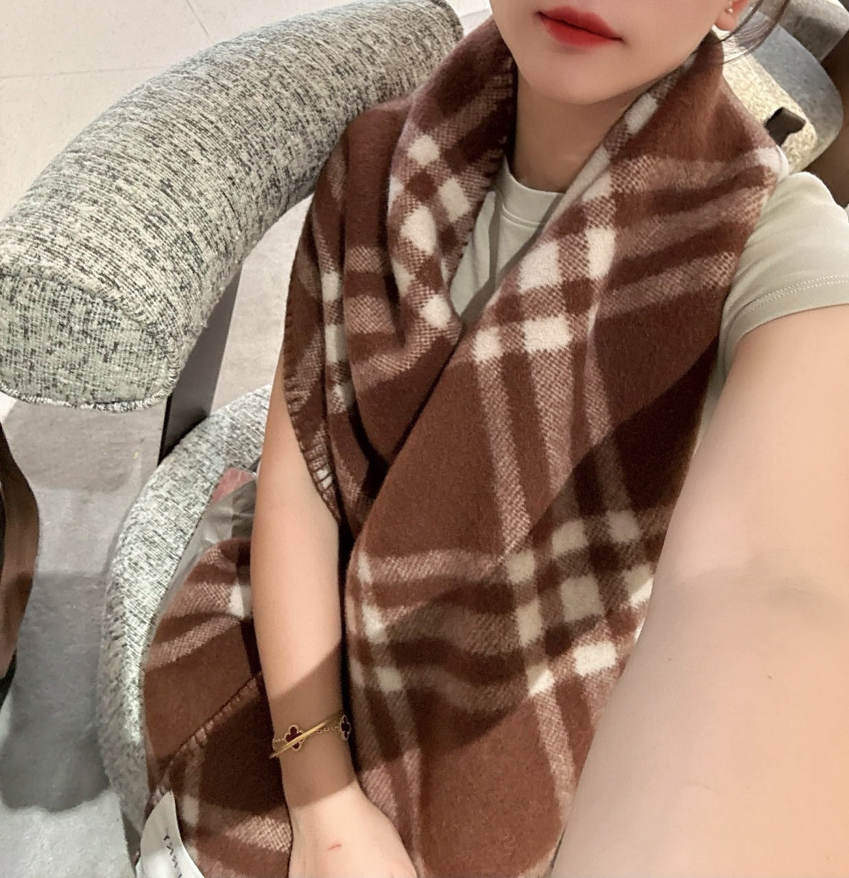 CHECK WOOL SCARF 180 CM CHOCOLATE BROWN 407405 mysite