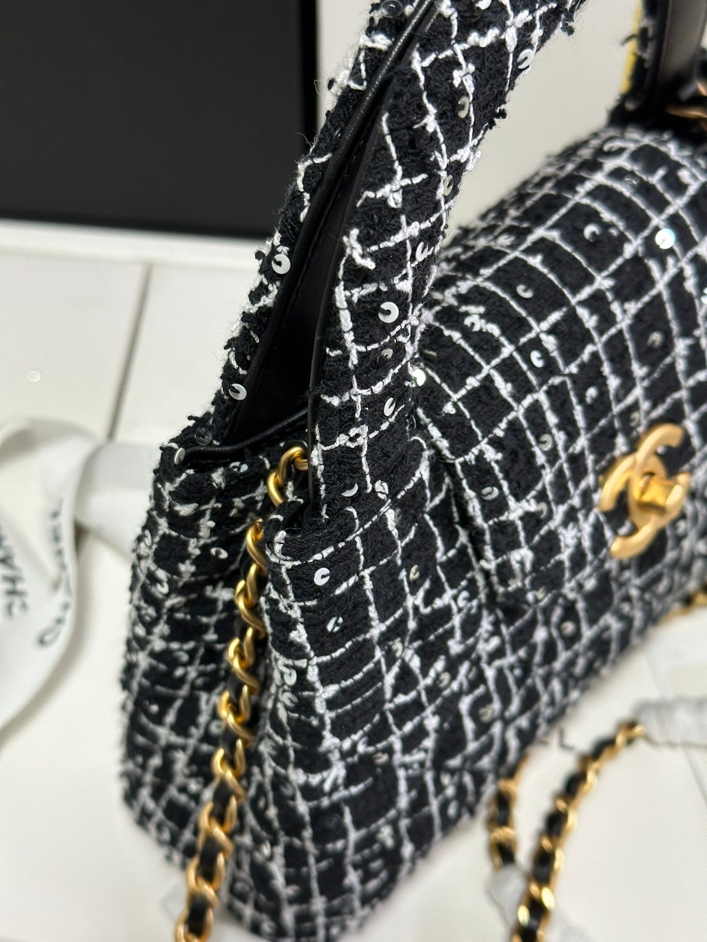 KELLY SHOPPING BAG 19 IN BLACK MIX WHITE TWEED GOLD HARDWARE mysite