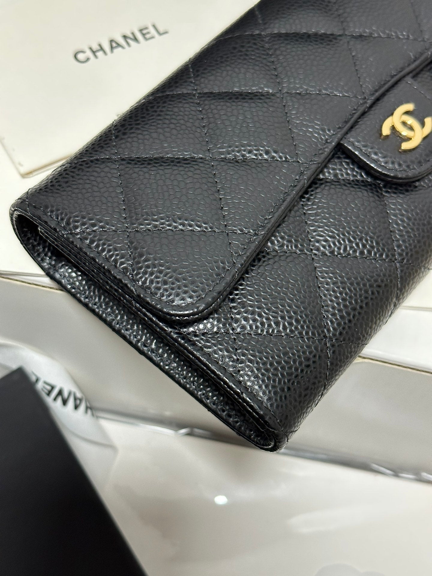 CC Classic Long Flap Wallet Black Quilted Caviar Gold Buckle 243676 mysite