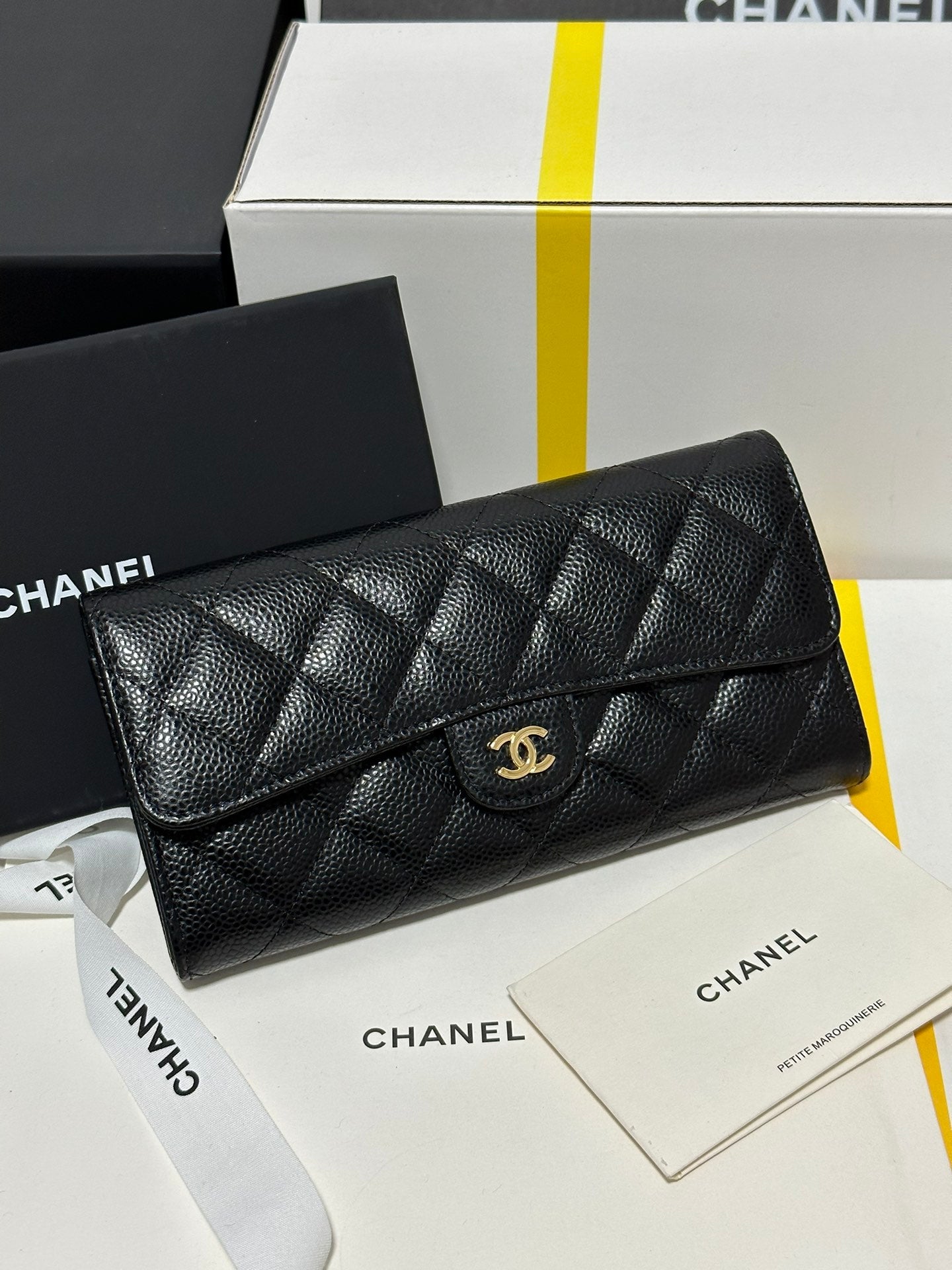 CC Classic Long Flap Wallet Black Quilted Caviar Gold Buckle 243676 mysite