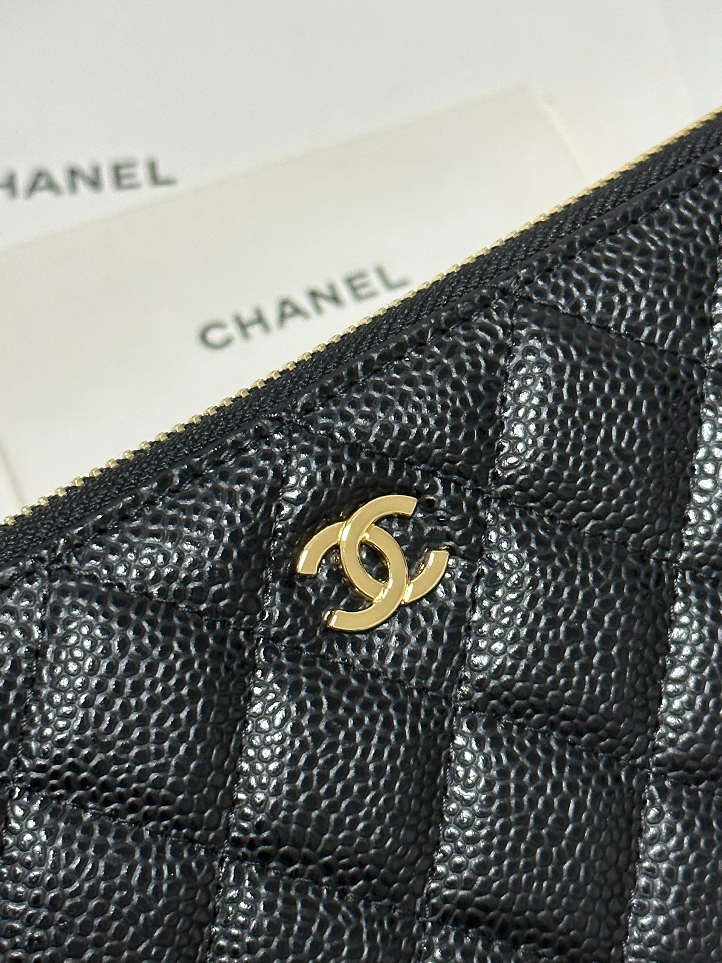 CC Long Zipped Wallet Black Quilted Caviar Gold Buckle 243681 mysite