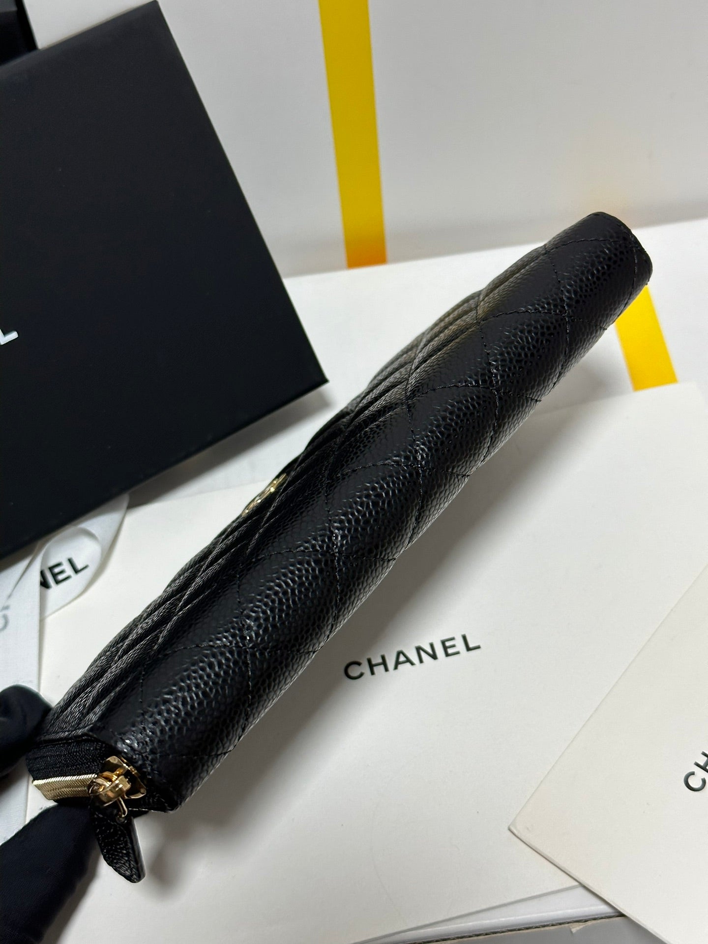 CC Long Zipped Wallet Black Quilted Caviar Gold Buckle 243681 mysite