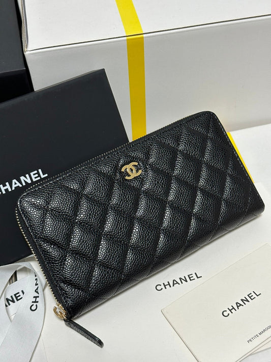 CC Long Zipped Wallet Black Quilted Caviar Gold Buckle 243681 mysite