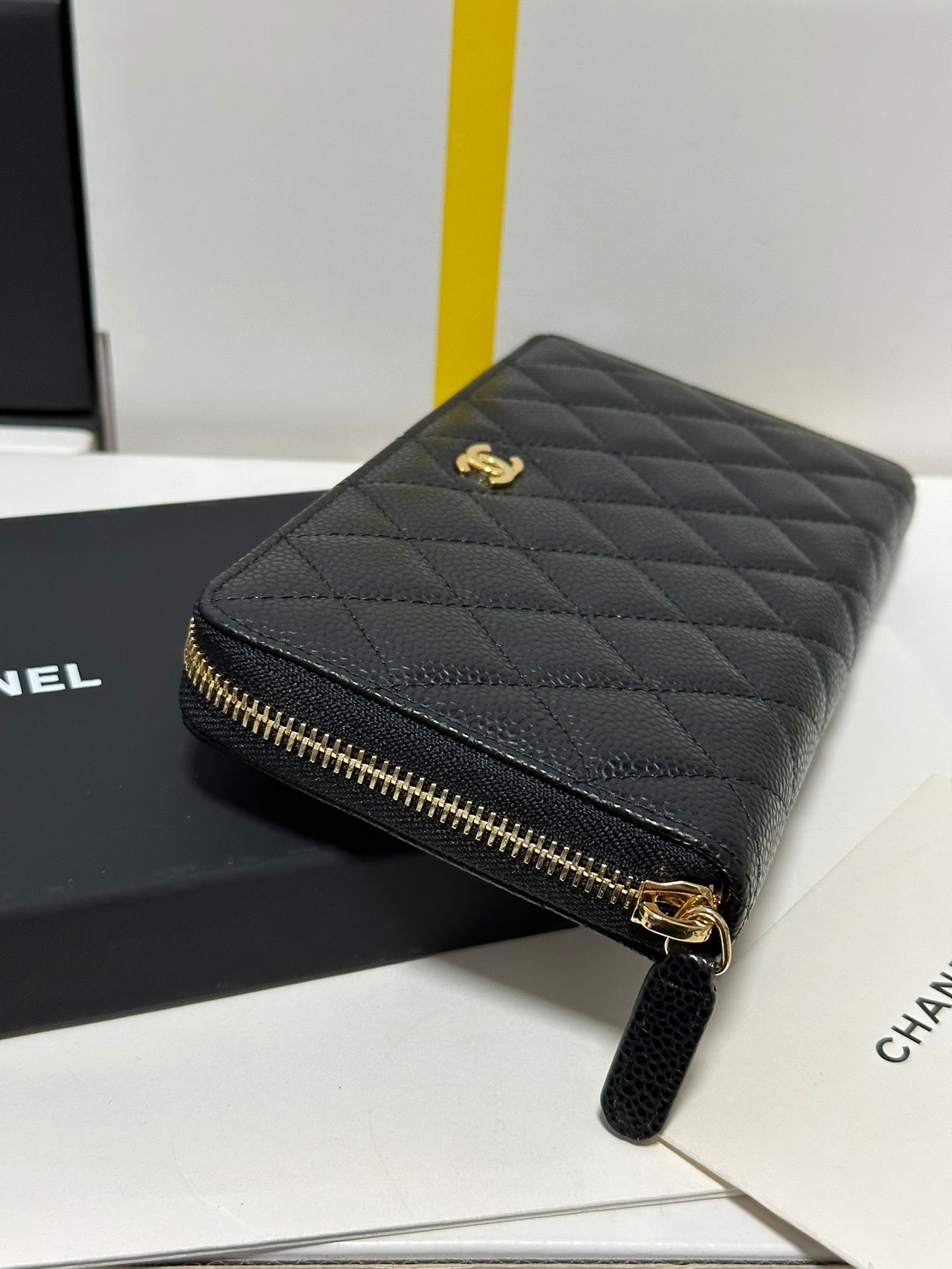 CC Long Zipped Wallet Black Quilted Caviar Gold Buckle 243681 mysite
