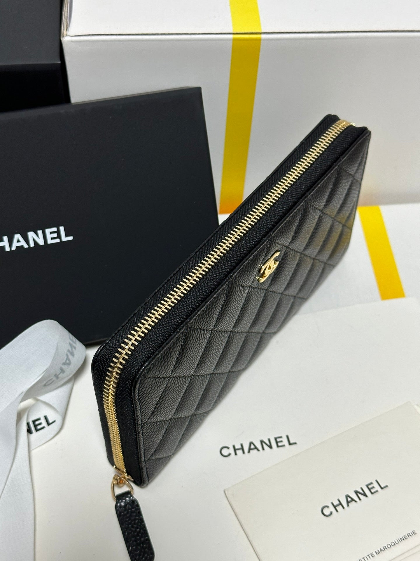 CC Long Zipped Wallet Black Quilted Caviar Gold Buckle 243681 mysite