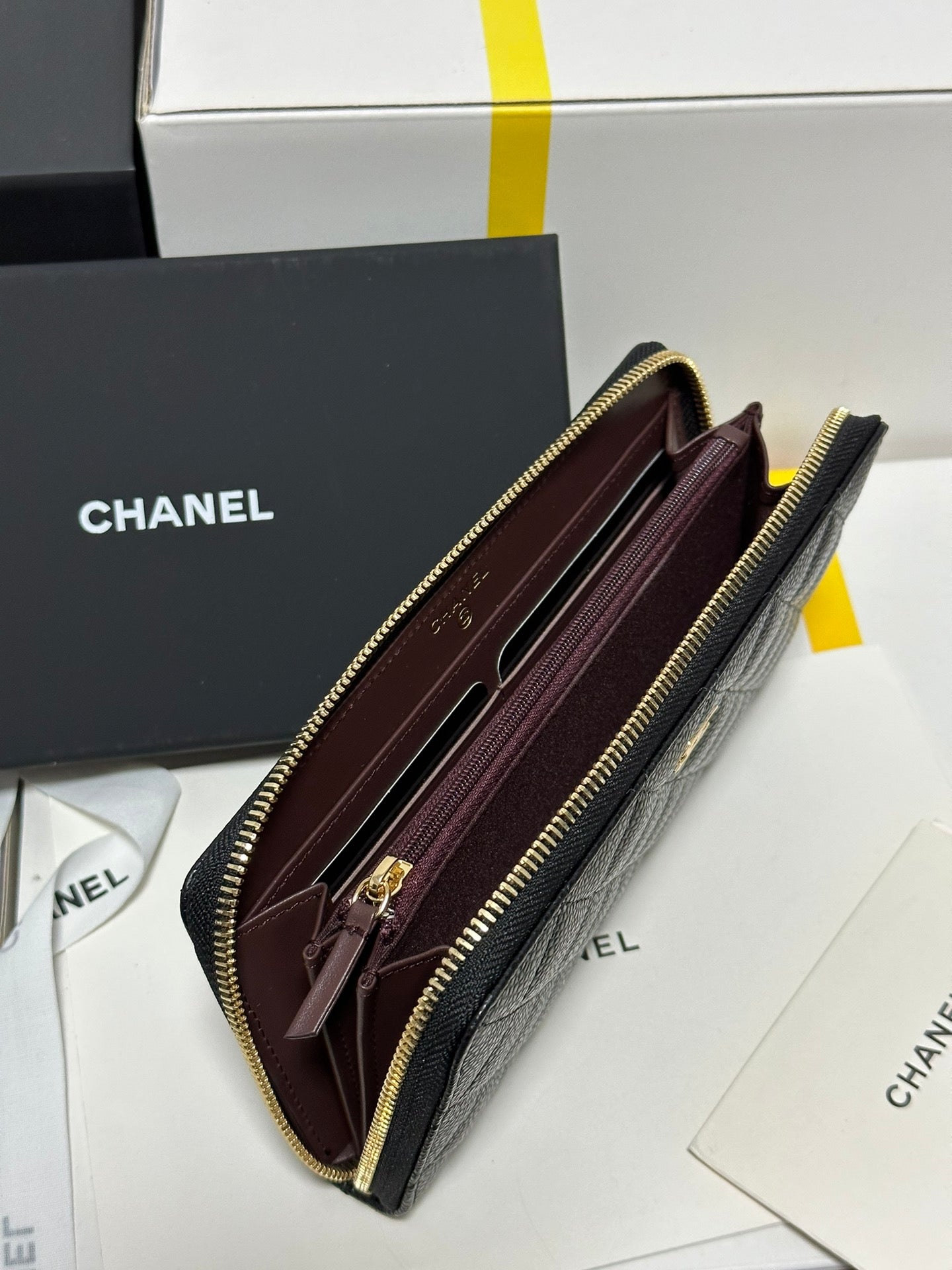 CC Long Zipped Wallet Black Quilted Caviar Gold Buckle 243681 mysite