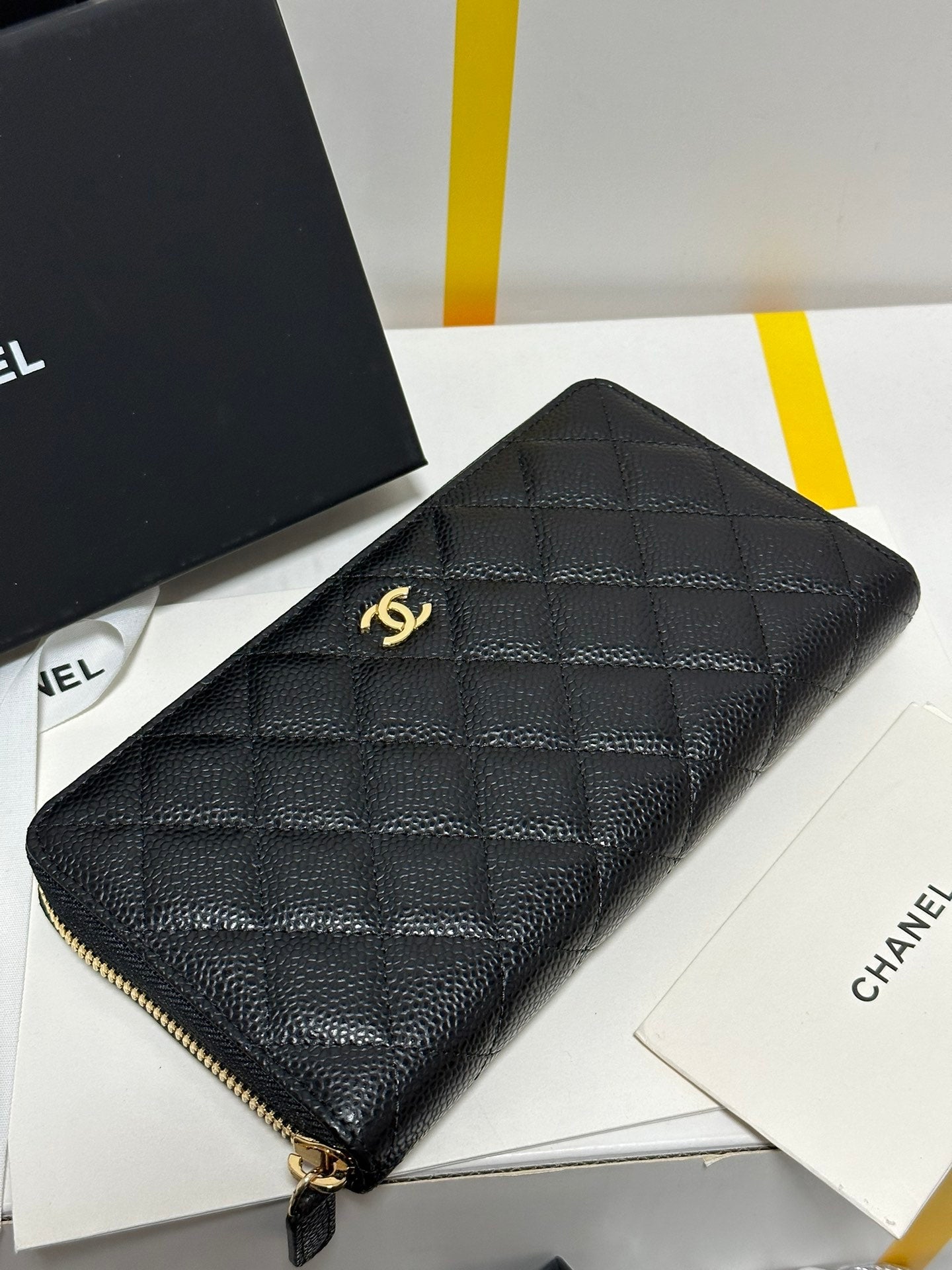 CC Long Zipped Wallet Black Quilted Caviar Gold Buckle 243681 mysite
