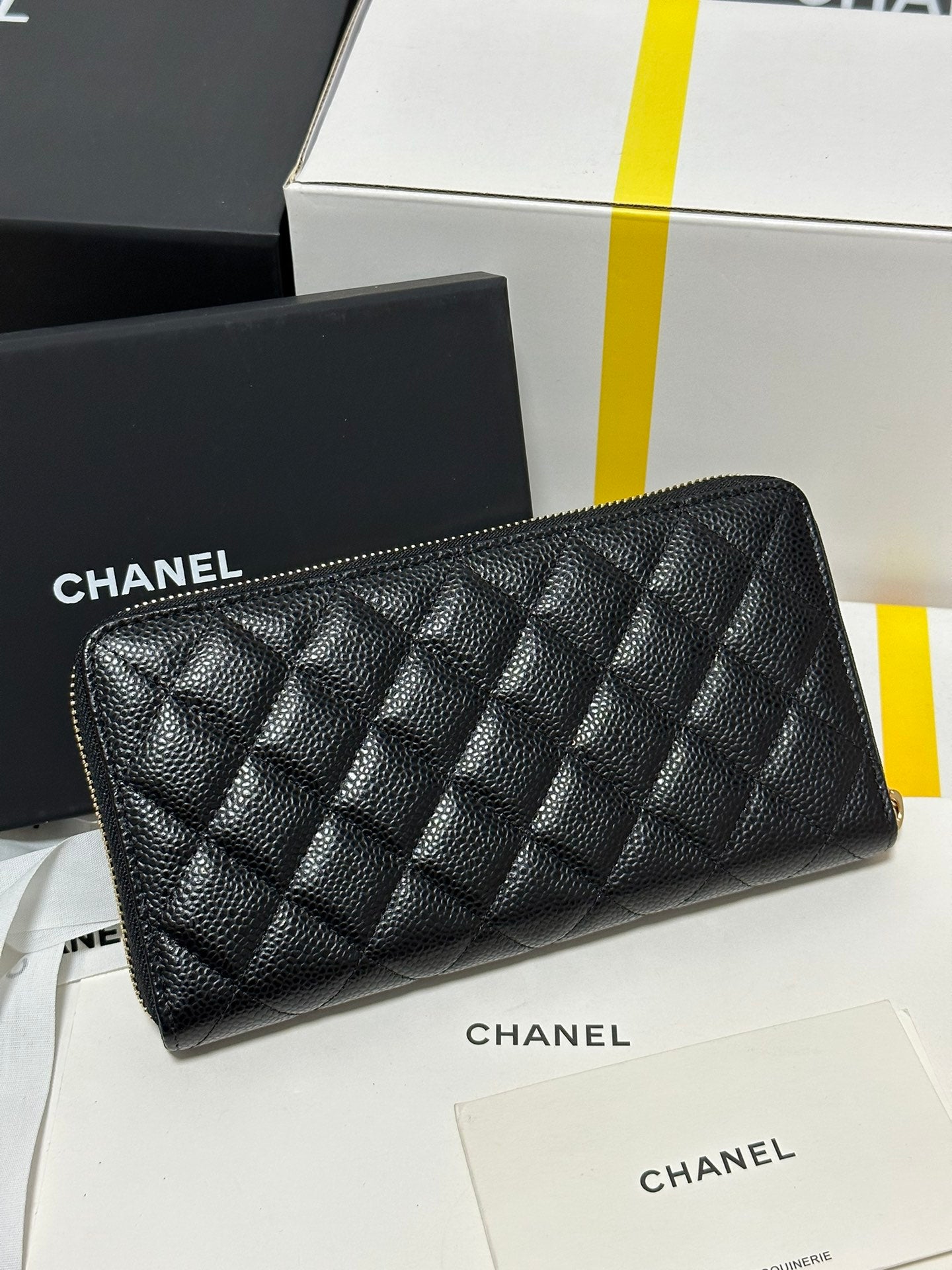 CC Long Zipped Wallet Black Quilted Caviar Gold Buckle 243681 mysite