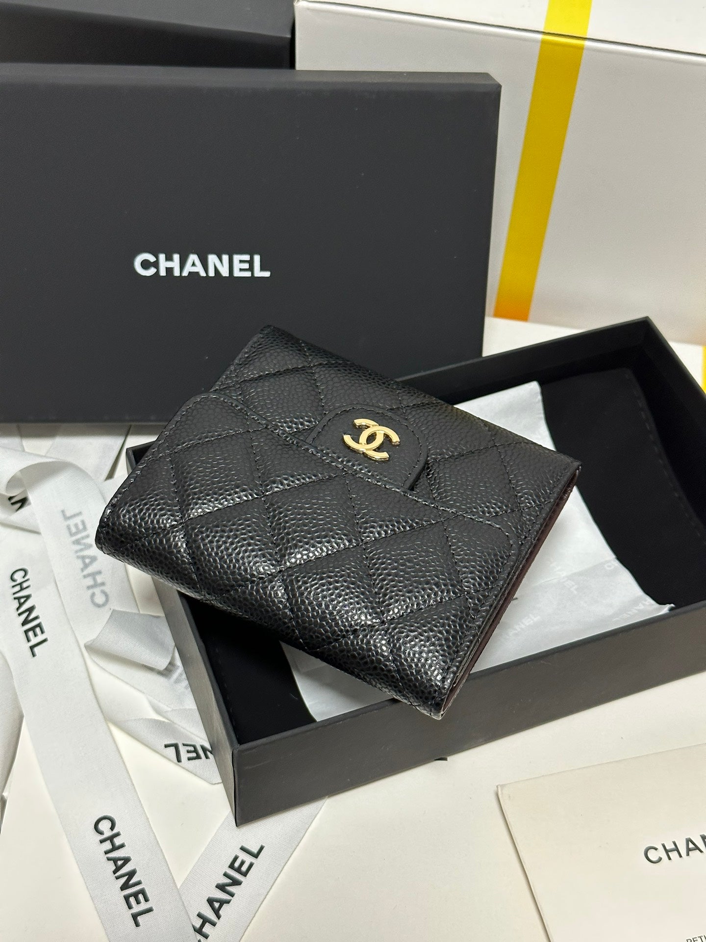 CC CClassic Small Flap Wallet Black Quilted Caviar Gold Buckle 243686 mysite