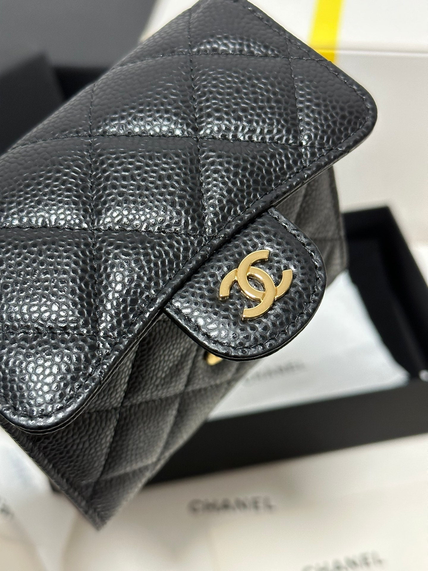 CC CClassic Small Flap Wallet Black Quilted Caviar Gold Buckle 243686 mysite