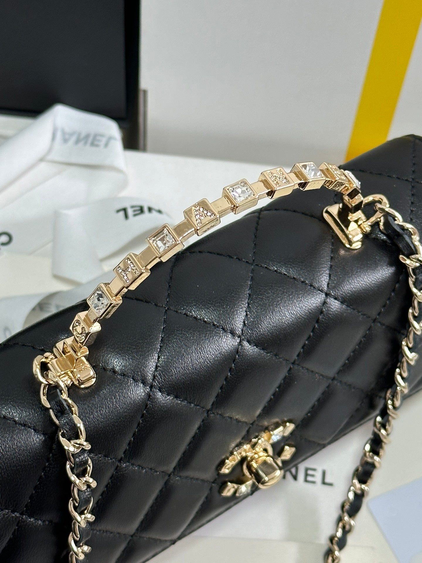 FLAP BAG 18 WITH HANDLE IN BLACK CALFSKIN GOLD HARDWARE mysite