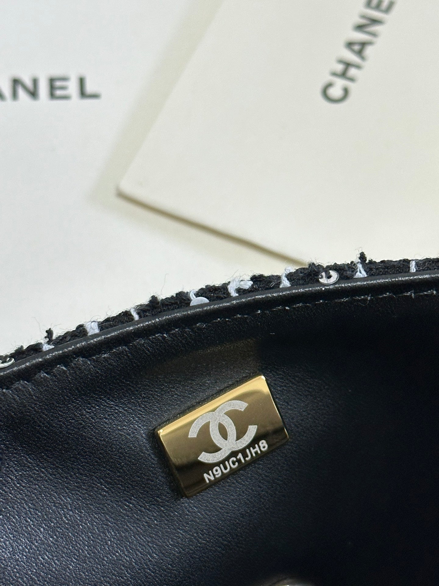 MINI FLAP BAG 20 ATTACHED SAQUINS IN BLACK MIX WHITE TWEED GOLD HARDWARE mysite