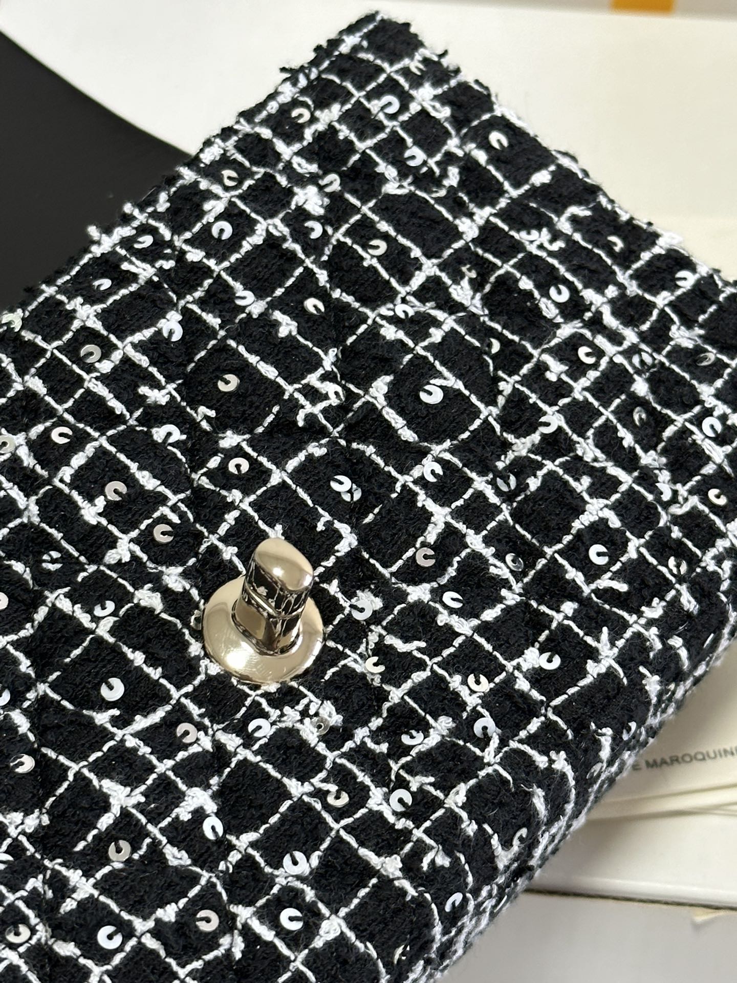 MINI FLAP BAG 20 ATTACHED SAQUINS IN BLACK MIX WHITE TWEED GOLD HARDWARE mysite