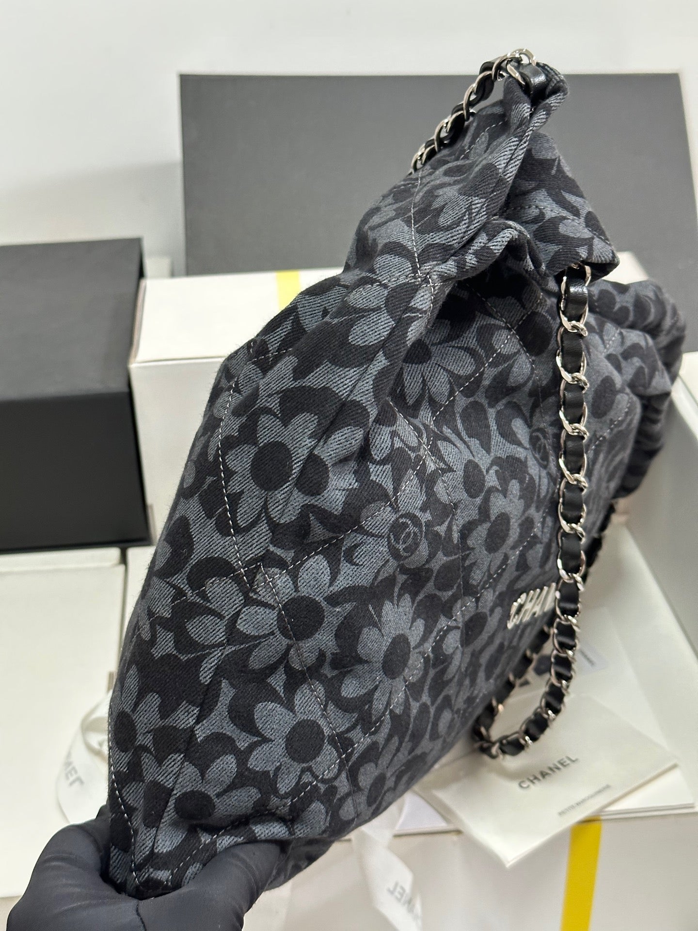 CC 22 Bag Gray Black Camellia Pattern Demin Silver Hardware 243625 mysite