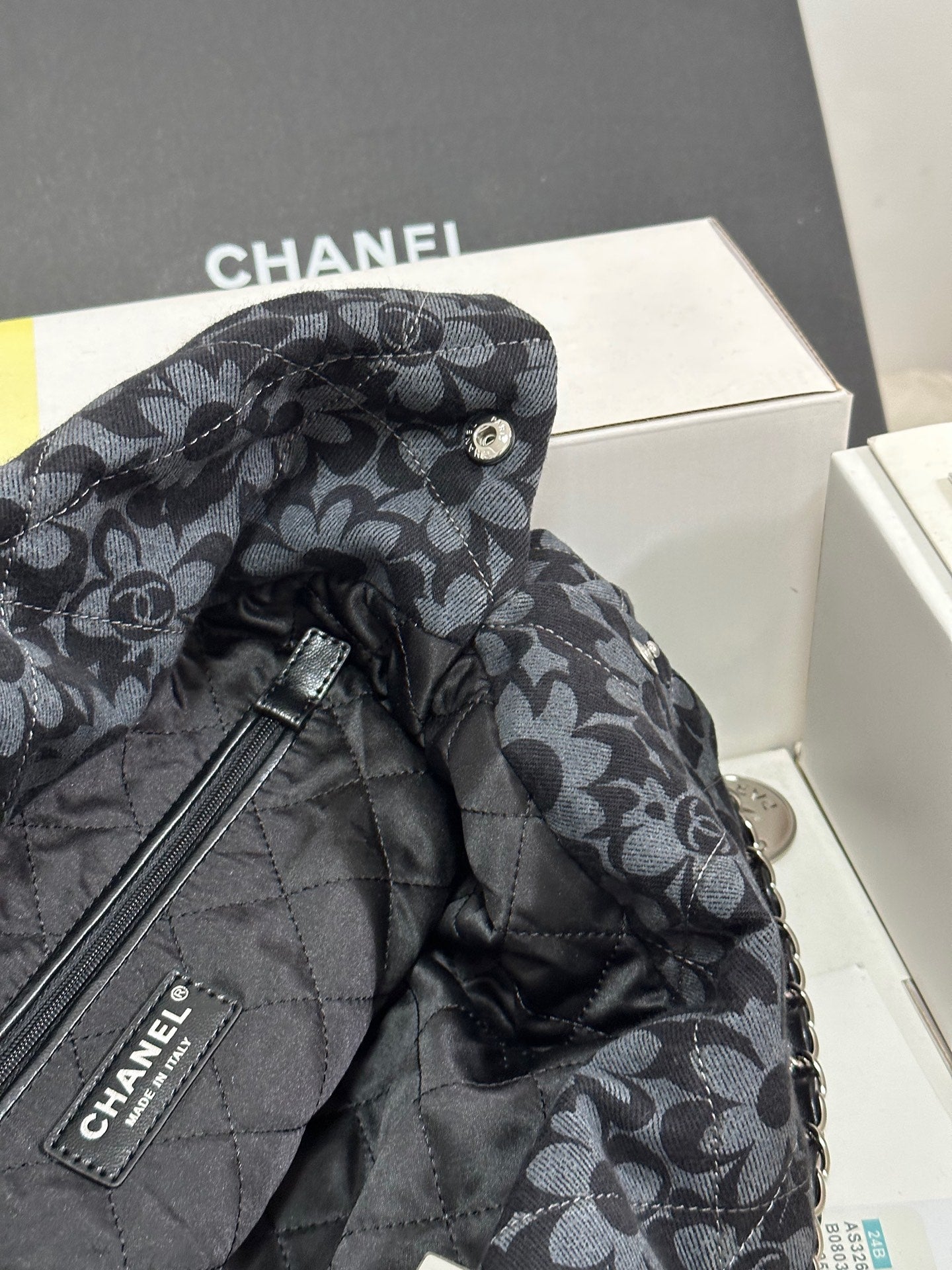 CC 22 Bag Gray Black Camellia Pattern Demin Silver Hardware 243625 mysite