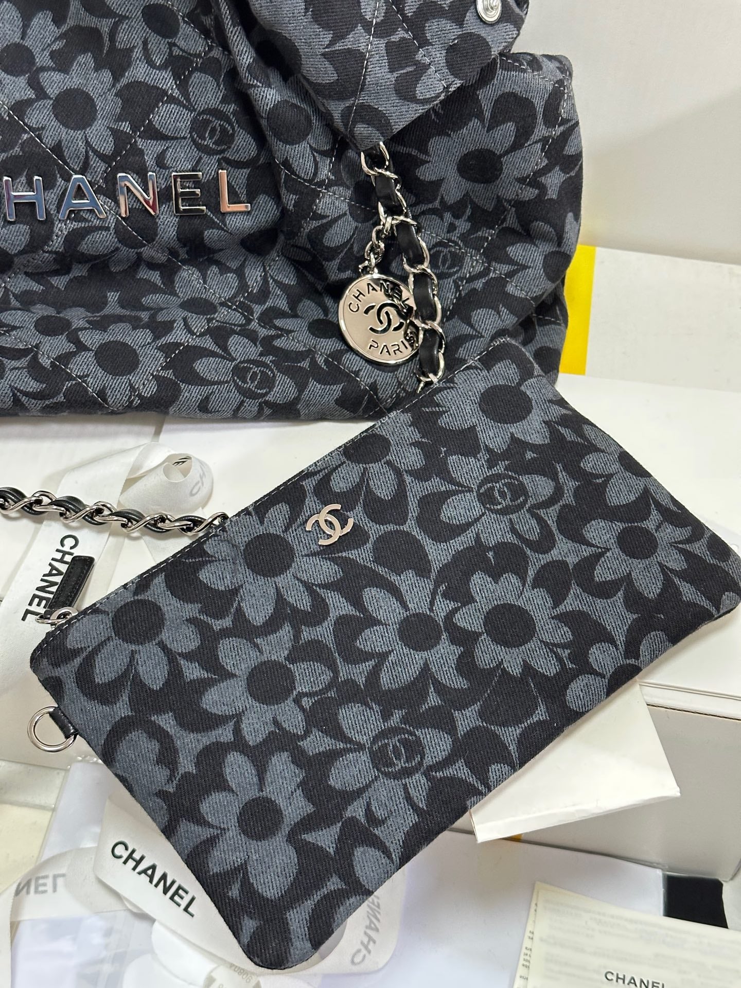 CC 22 Bag Gray Black Camellia Pattern Demin Silver Hardware 243625 mysite