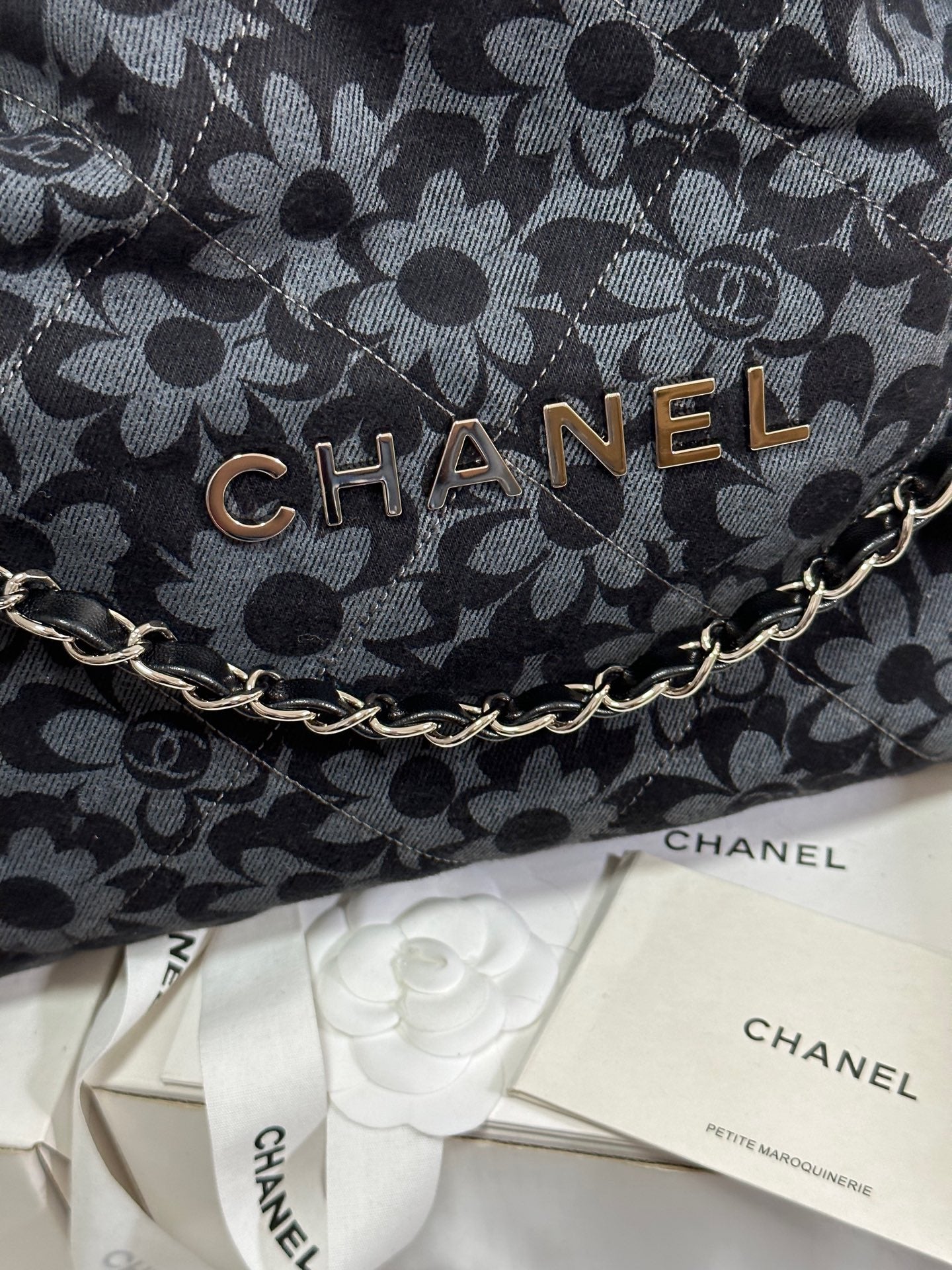 CC 22 Bag Gray Black Camellia Pattern Demin Silver Hardware 243625 mysite