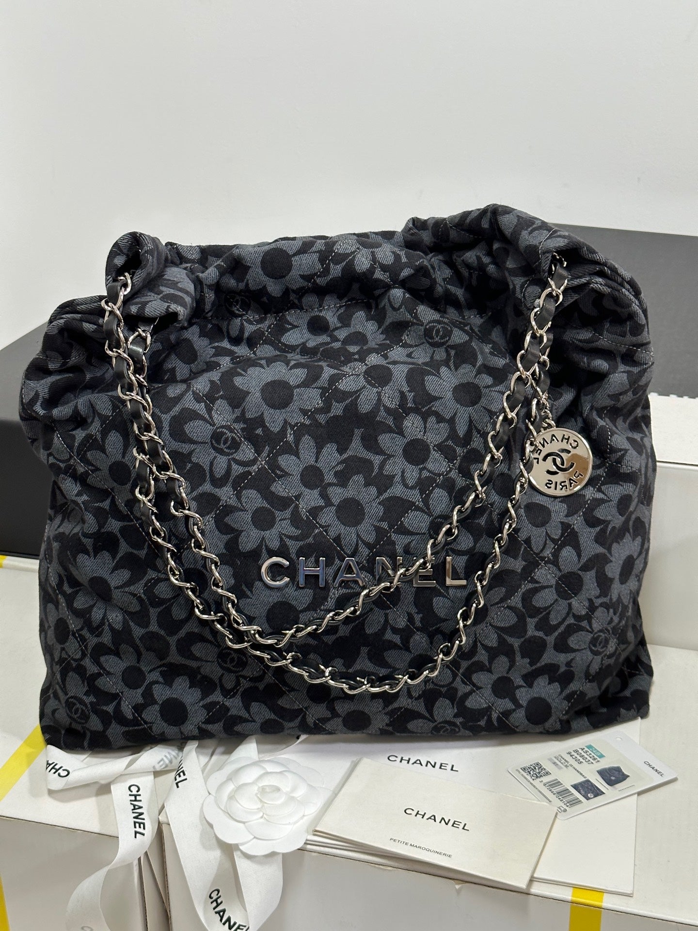 CC 22 Bag Gray Black Camellia Pattern Demin Silver Hardware 243625 mysite