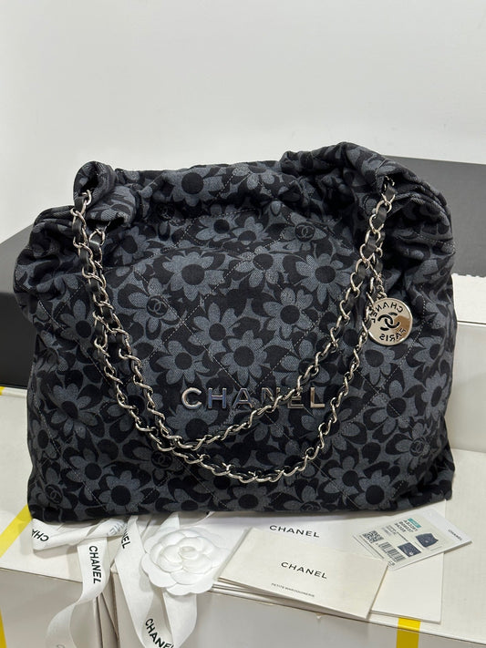 CC 22 Bag Gray Black Camellia Pattern Demin Silver Hardware 243625 mysite
