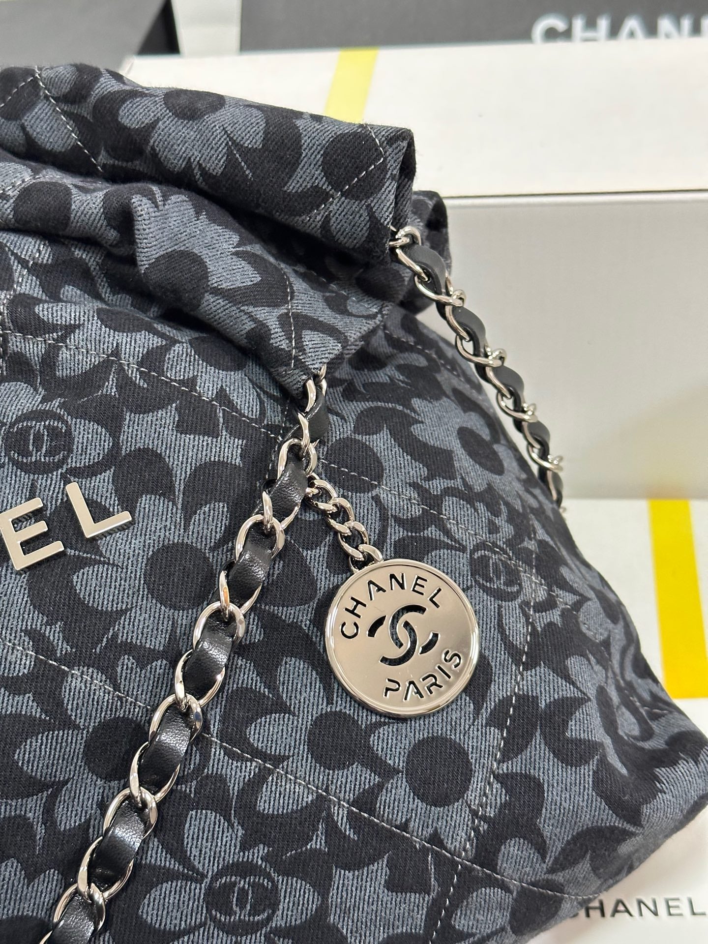 CC 22 Bag Gray Black Camellia Pattern Demin Silver Hardware 243625 mysite