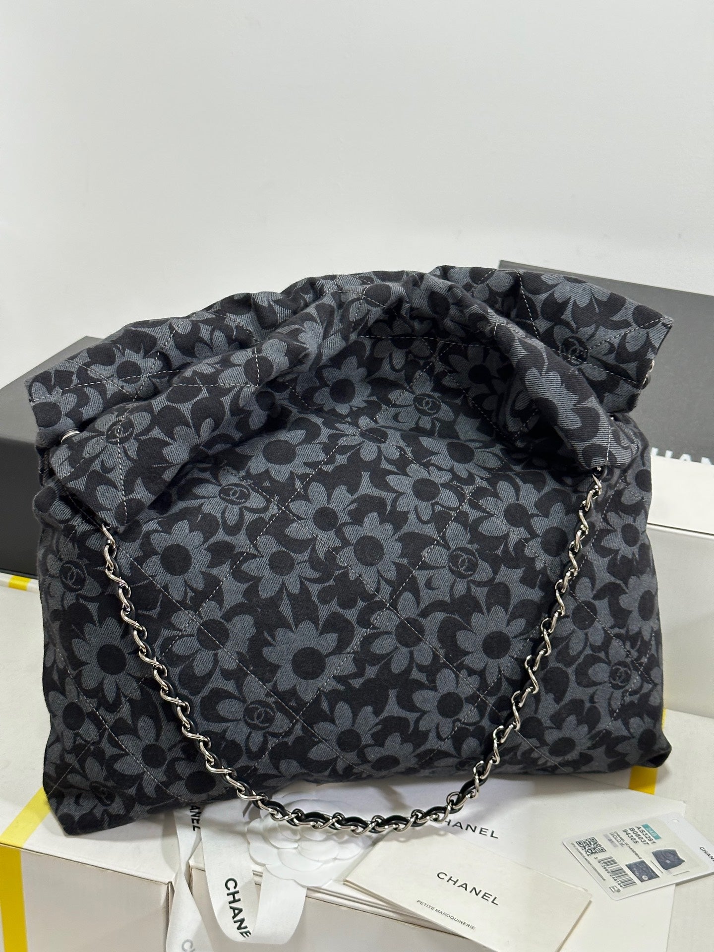 CC 22 Bag Gray Black Camellia Pattern Demin Silver Hardware 243625 mysite