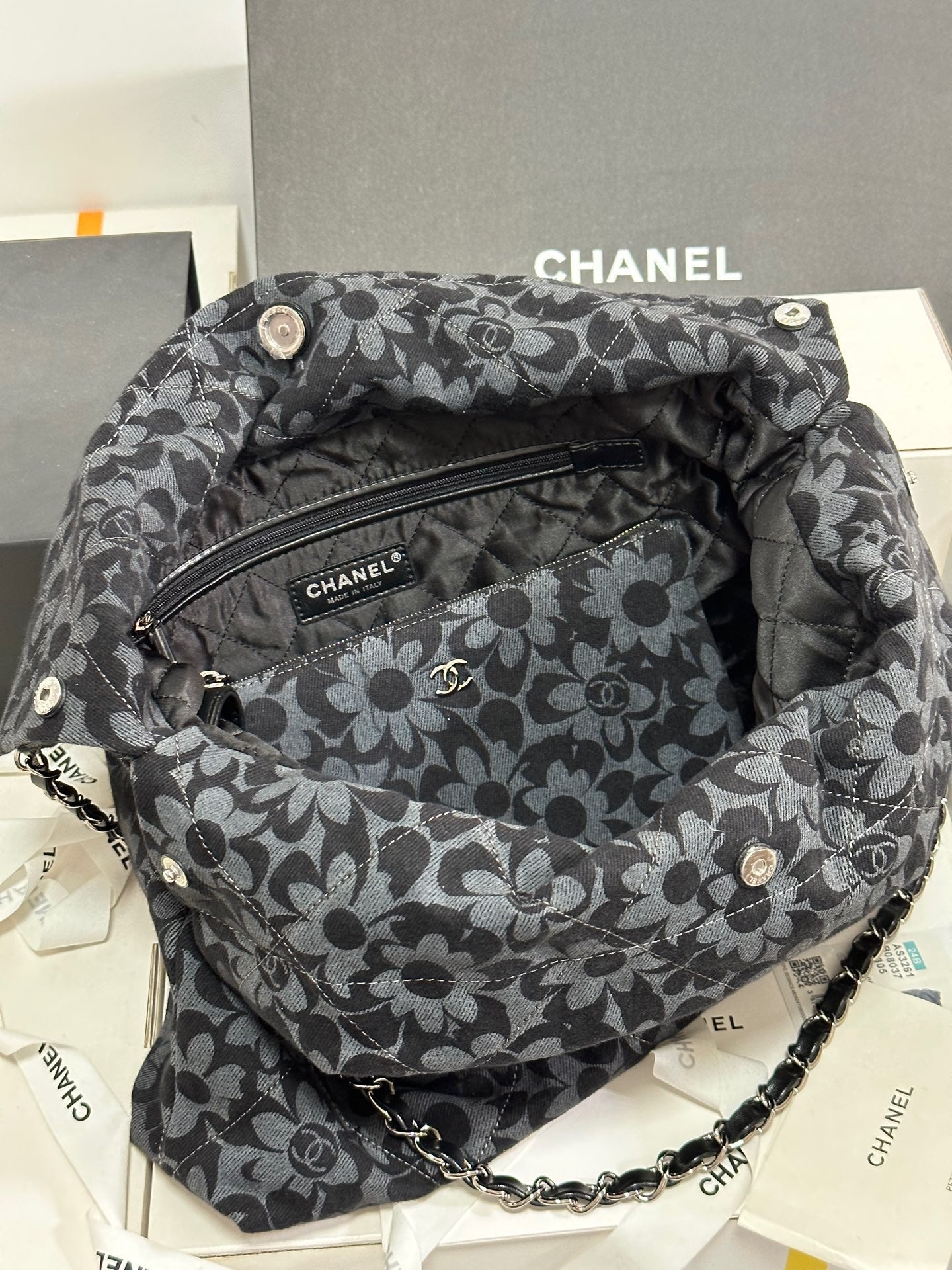 CC 22 Bag Gray Black Camellia Pattern Demin Silver Hardware 243625 mysite