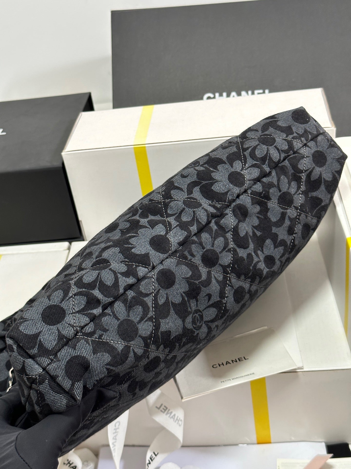 CC 22 Bag Gray Black Camellia Pattern Demin Silver Hardware 243625 mysite