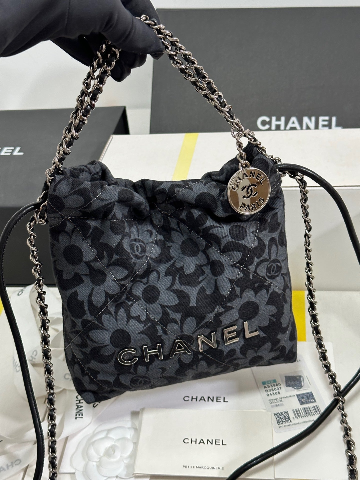 CC 22 Bag Mini Gray Black Camellia Pattern Demin Silver Hardware 243630 mysite