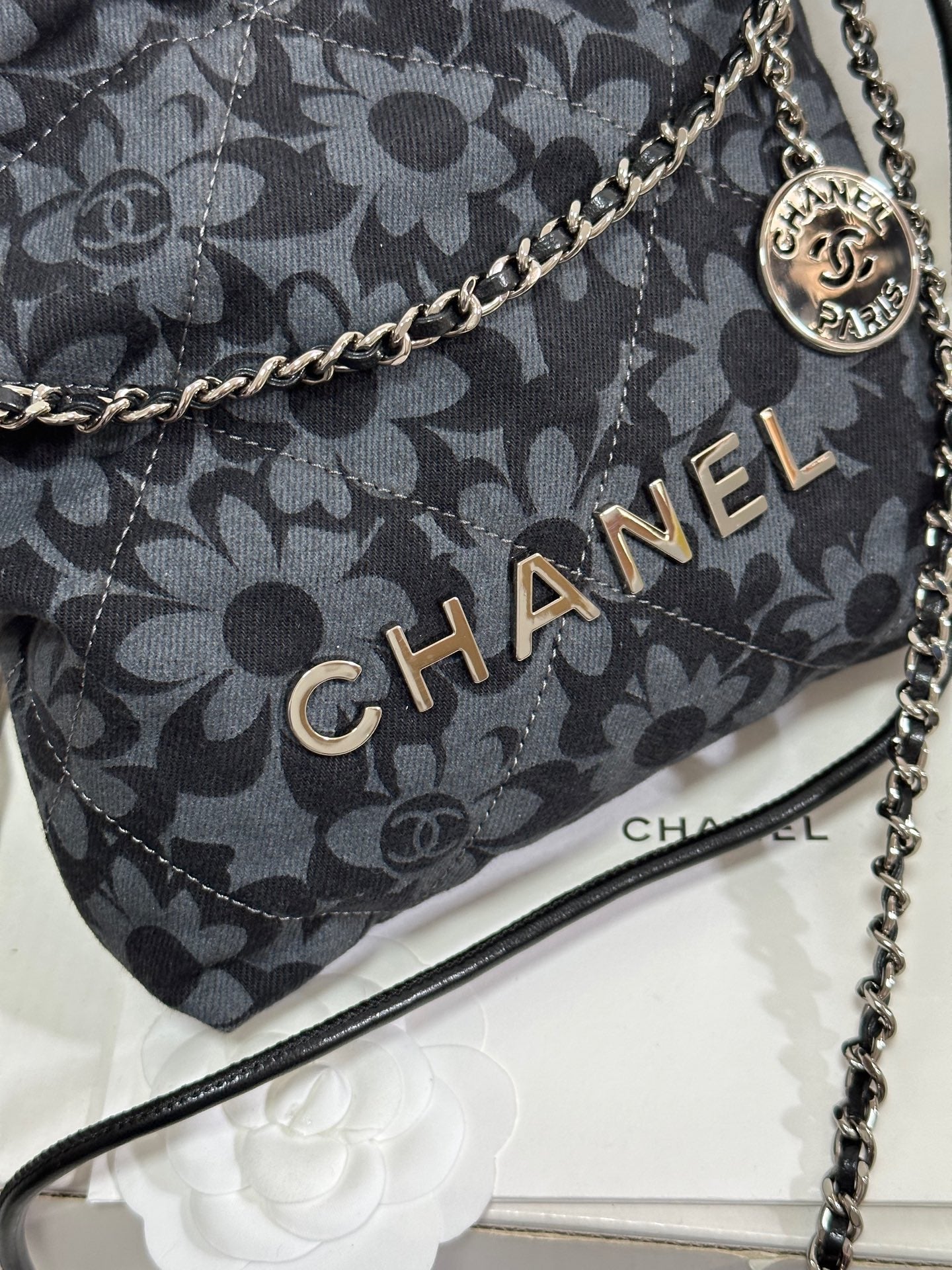 CC 22 Bag Mini Gray Black Camellia Pattern Demin Silver Hardware 243630 mysite