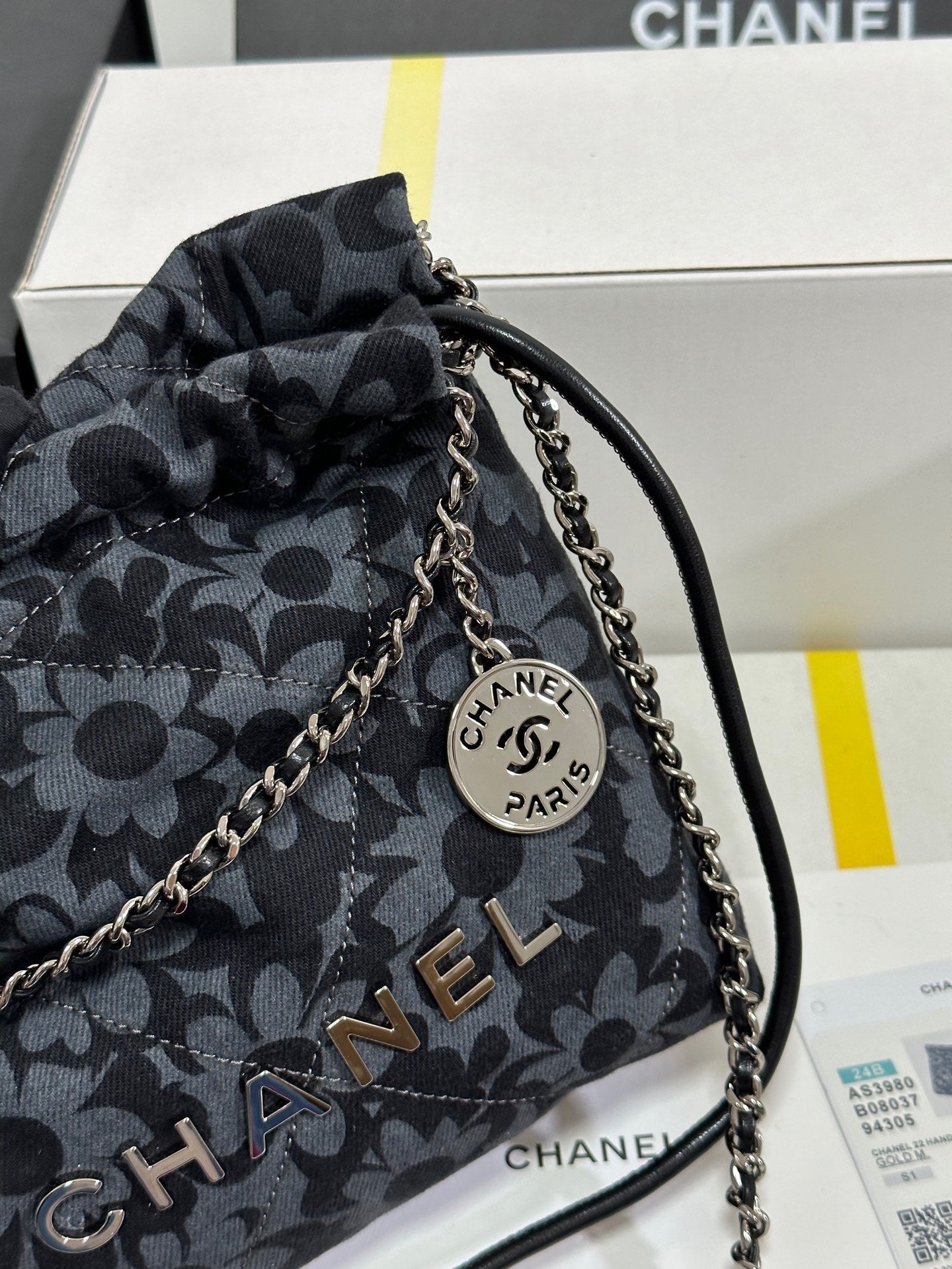 CC 22 Bag Mini Gray Black Camellia Pattern Demin Silver Hardware 243630 mysite