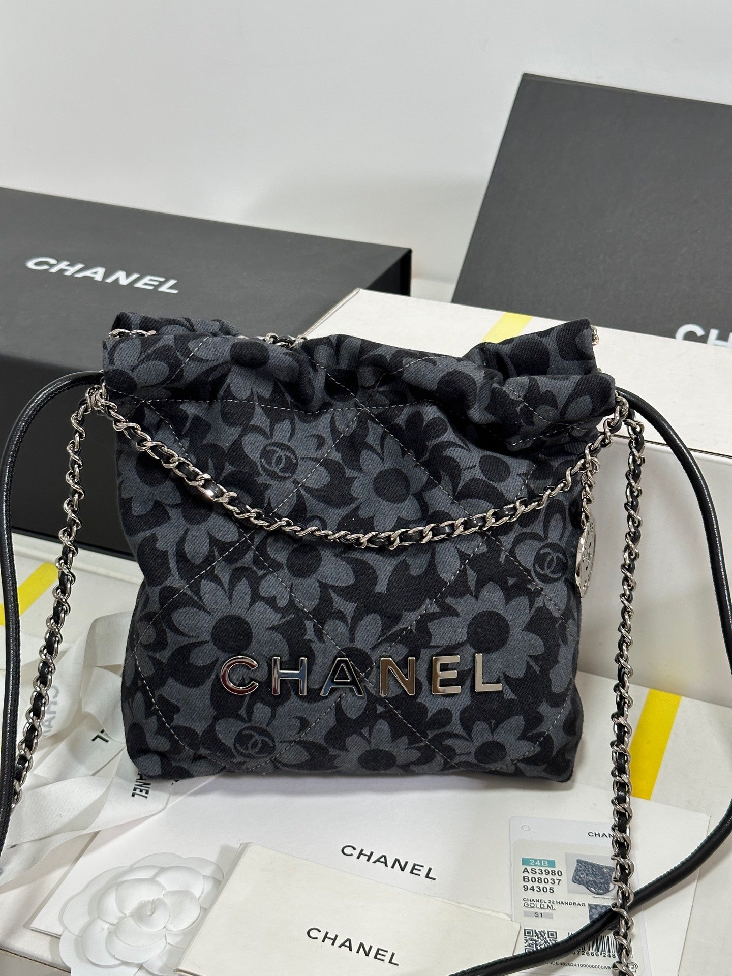 CC 22 Bag Mini Gray Black Camellia Pattern Demin Silver Hardware 243630 mysite