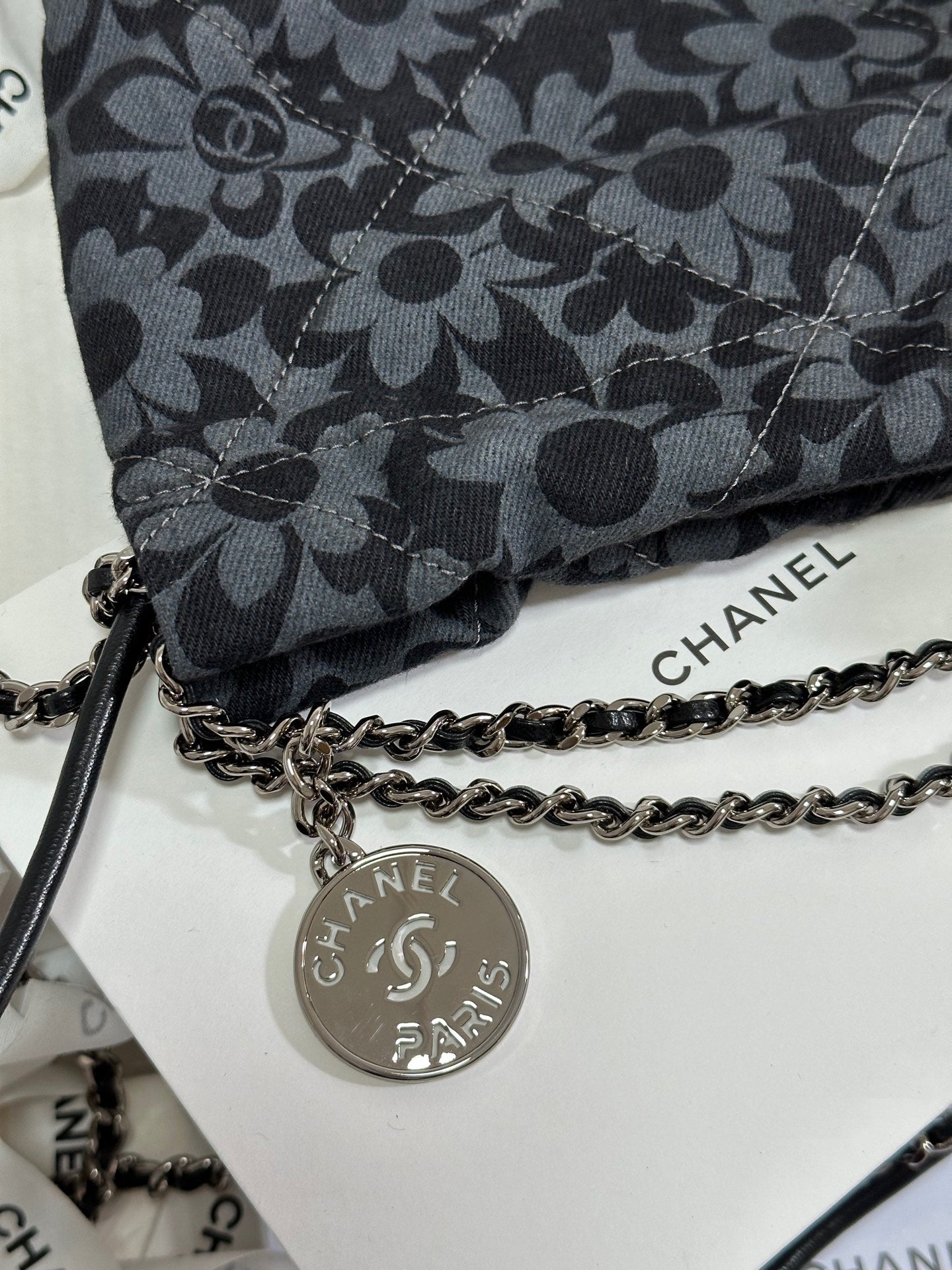 CC 22 Bag Mini Gray Black Camellia Pattern Demin Silver Hardware 243630 mysite