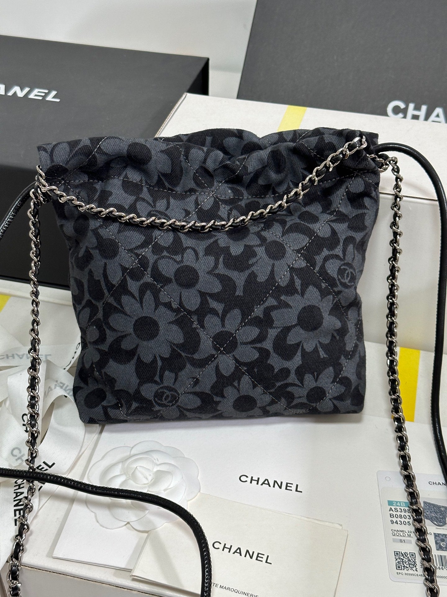 CC 22 Bag Mini Gray Black Camellia Pattern Demin Silver Hardware 243630 mysite