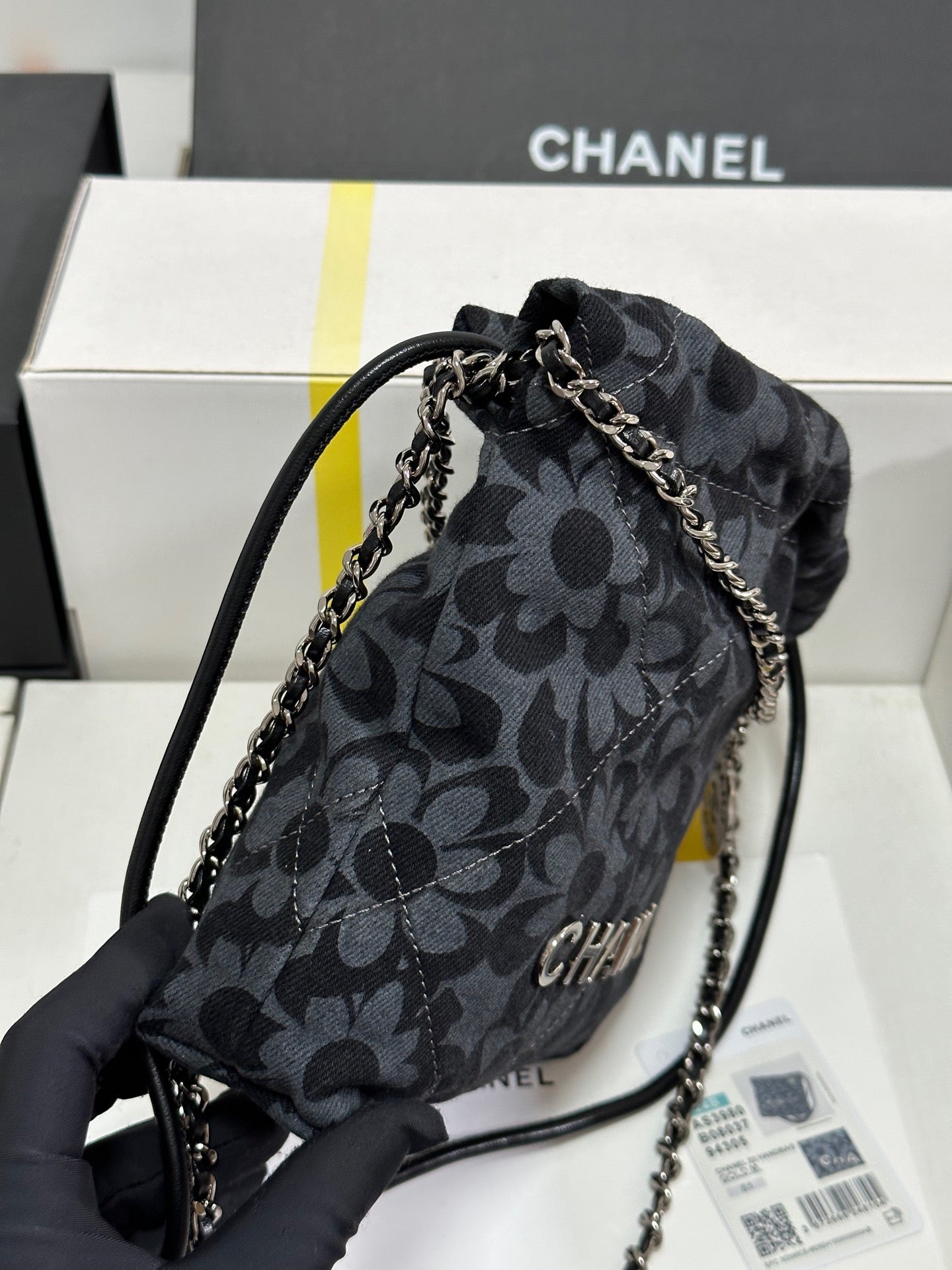 CC 22 Bag Mini Gray Black Camellia Pattern Demin Silver Hardware 243630 mysite