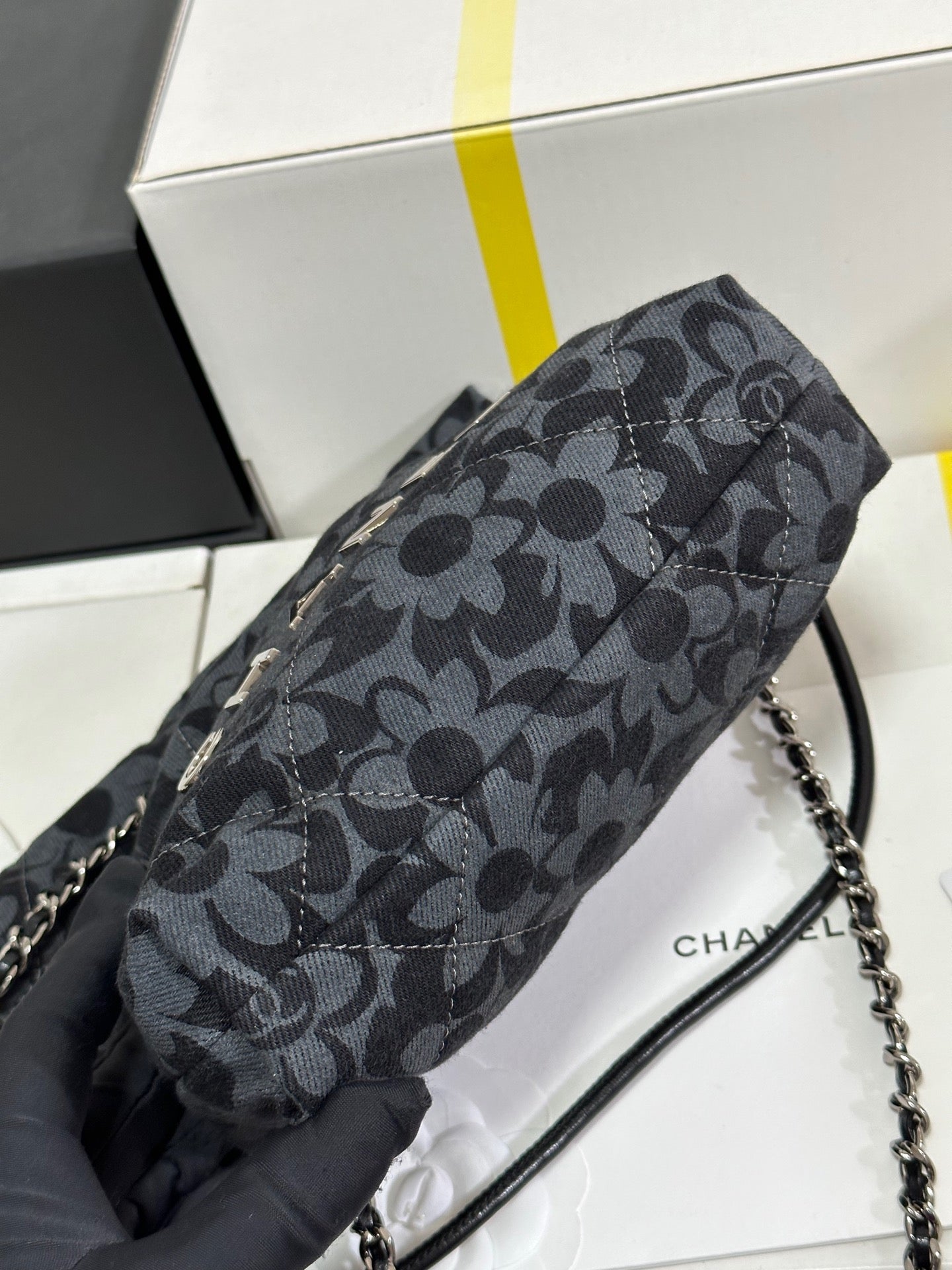 CC 22 Bag Mini Gray Black Camellia Pattern Demin Silver Hardware 243630 mysite