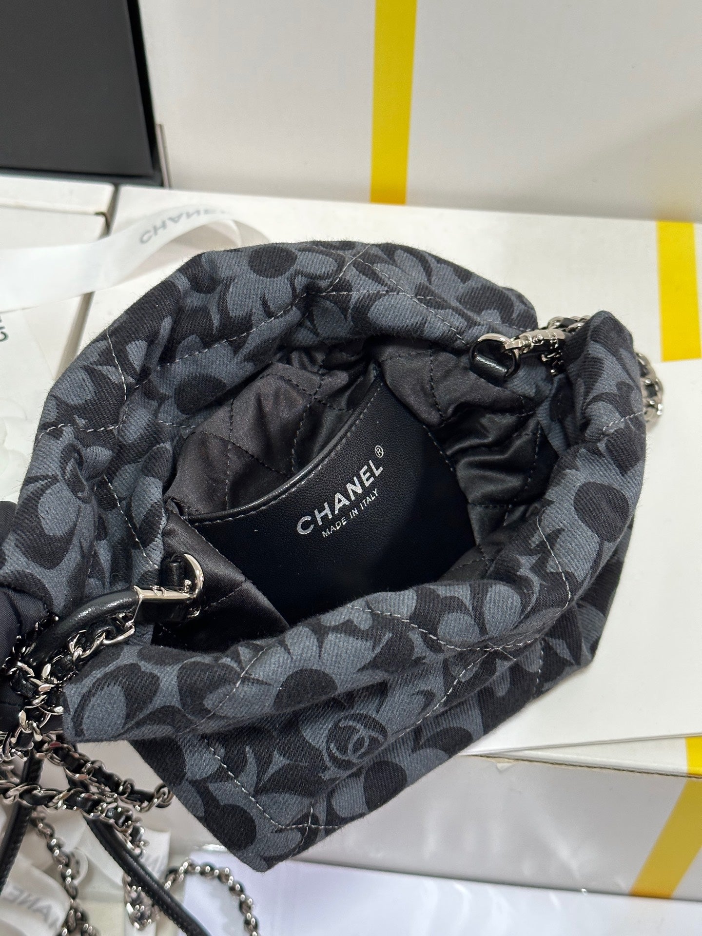 CC 22 Bag Mini Gray Black Camellia Pattern Demin Silver Hardware 243630 mysite