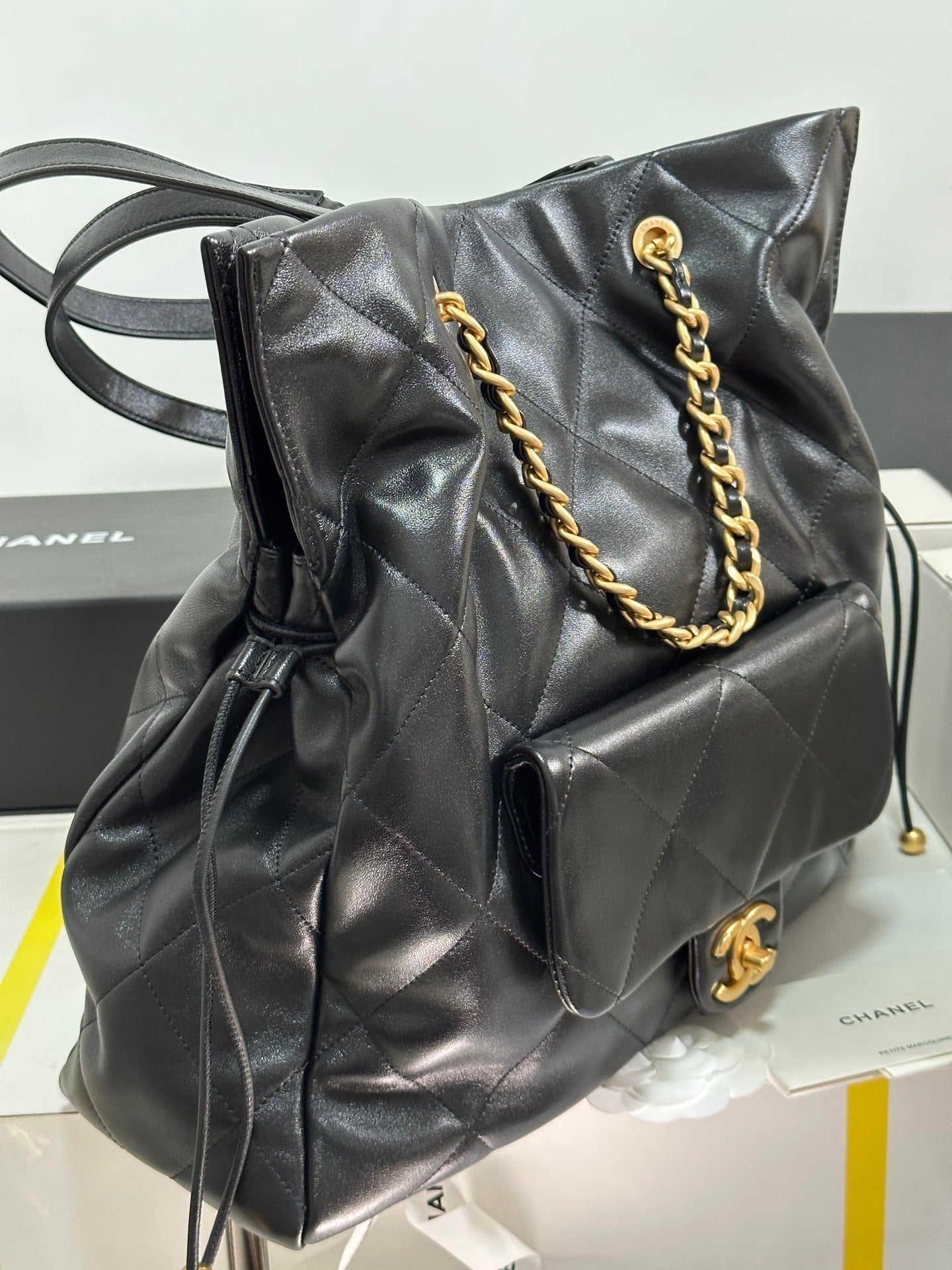 CC 25C Drawstring Backpack Black Lambskin Gold Hardware 243655 mysite