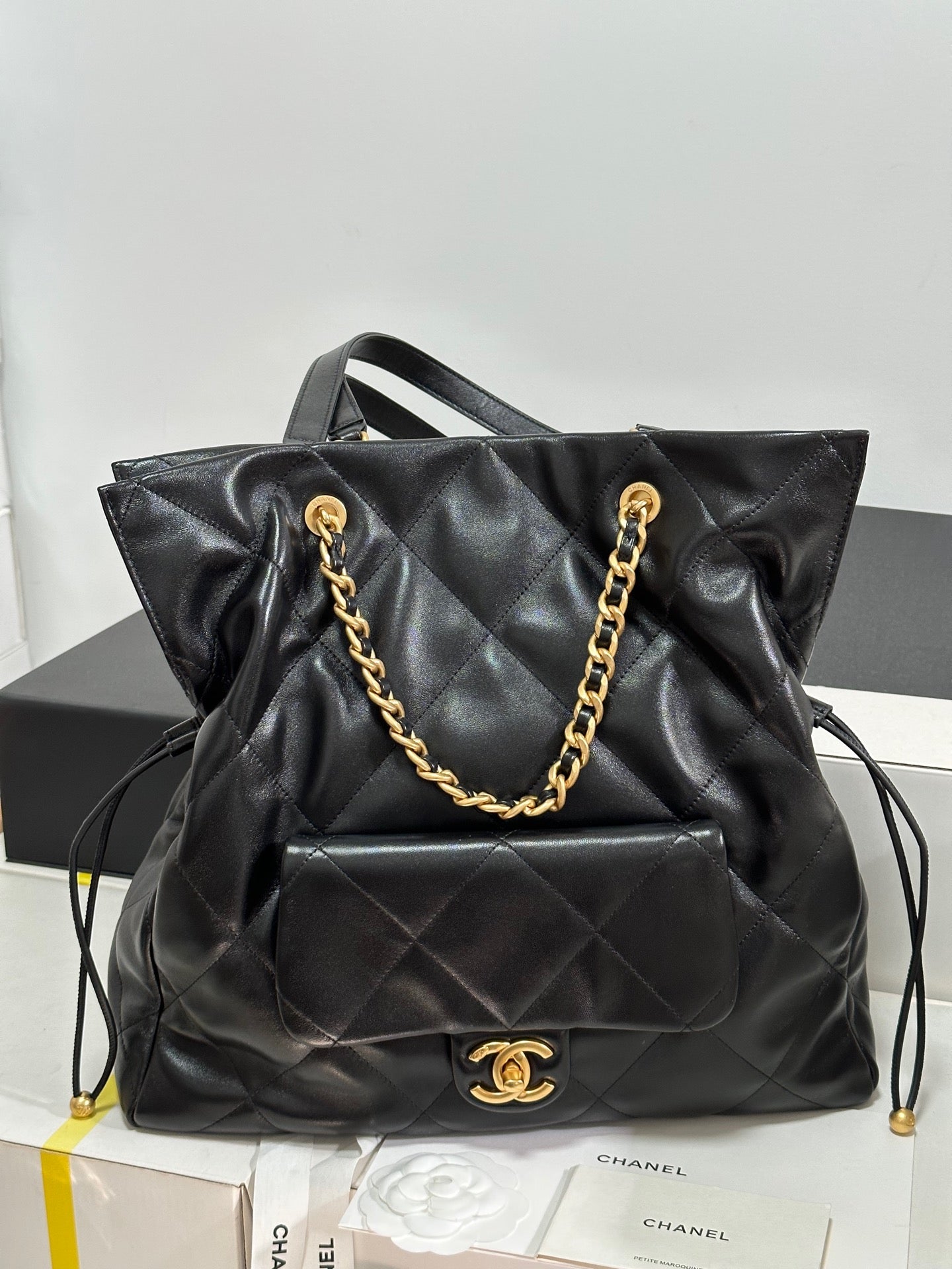 CC 25C Drawstring Backpack Black Lambskin Gold Hardware 243655 mysite