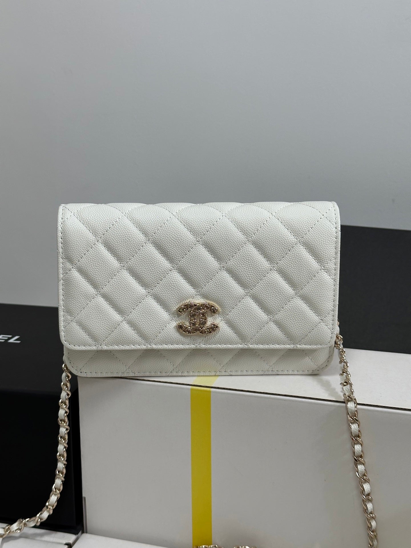 CC 25P Wallet On Chain 19cm White Cowhide Heart Rhinestone 243592 mysite