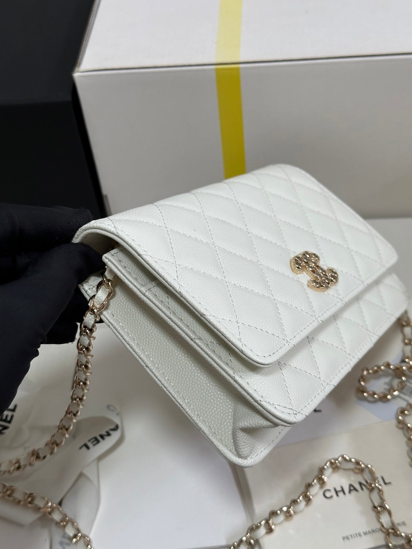 CC 25P Wallet On Chain 19cm White Cowhide Heart Rhinestone 243592 mysite