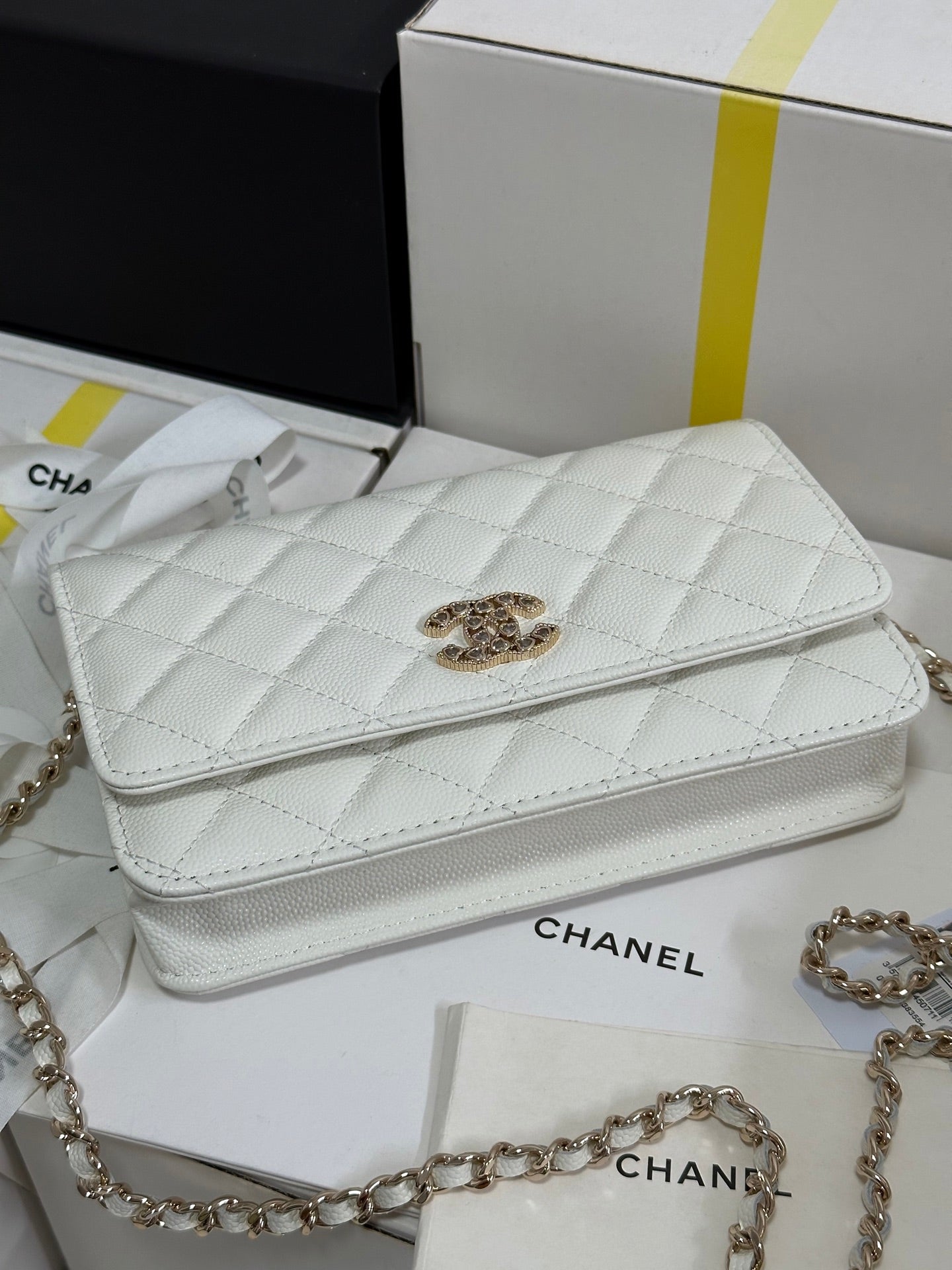 CC 25P Wallet On Chain 19cm White Cowhide Heart Rhinestone 243592 mysite