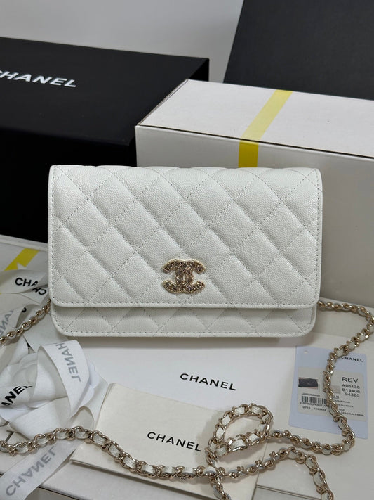CC 25P Wallet On Chain 19cm White Cowhide Heart Rhinestone 243592 mysite