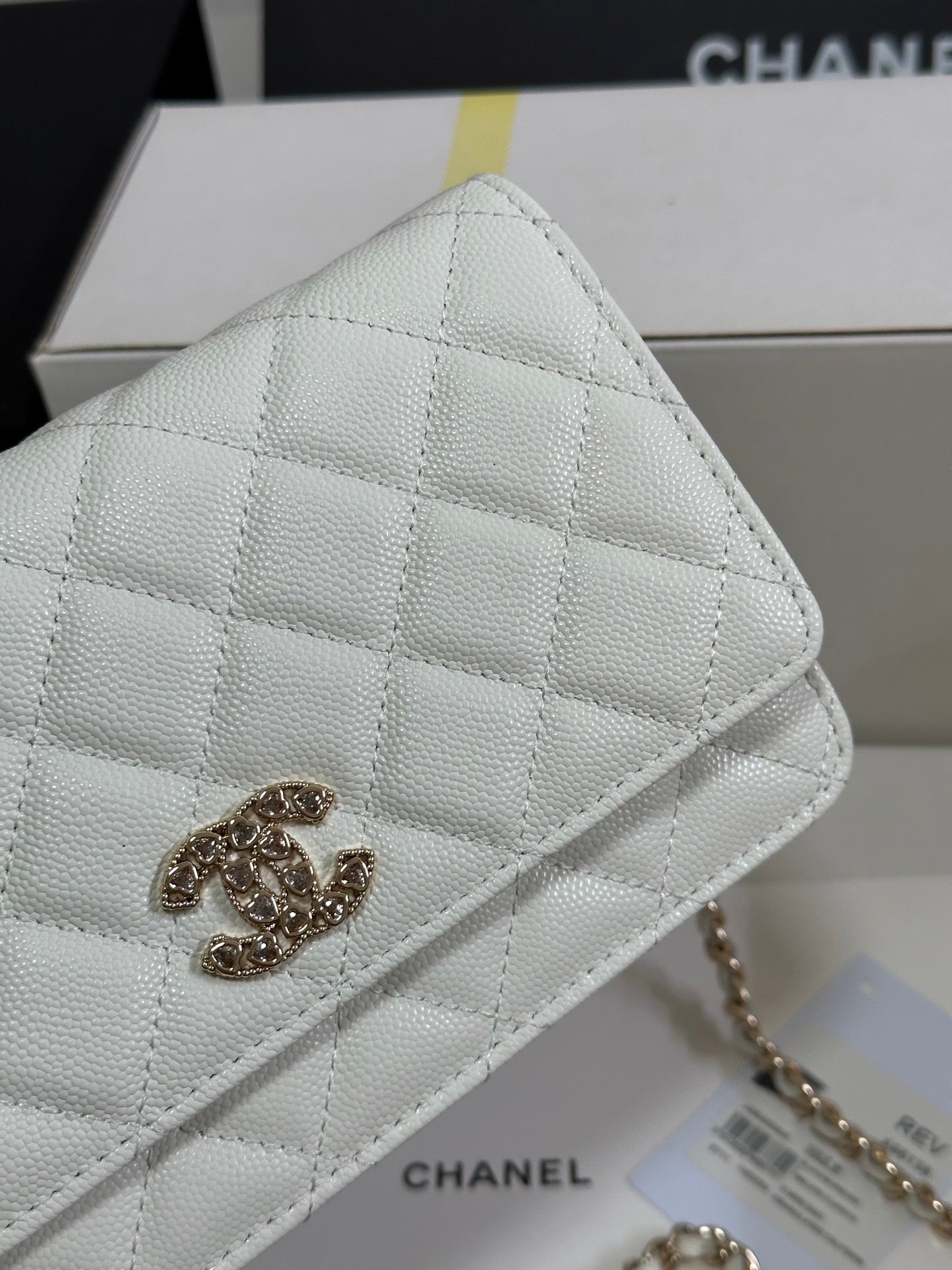 CC 25P Wallet On Chain 19cm White Cowhide Heart Rhinestone 243592 mysite