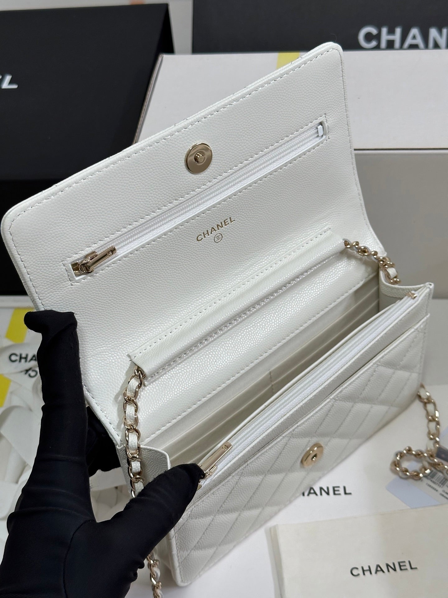 CC 25P Wallet On Chain 19cm White Cowhide Heart Rhinestone 243592 mysite