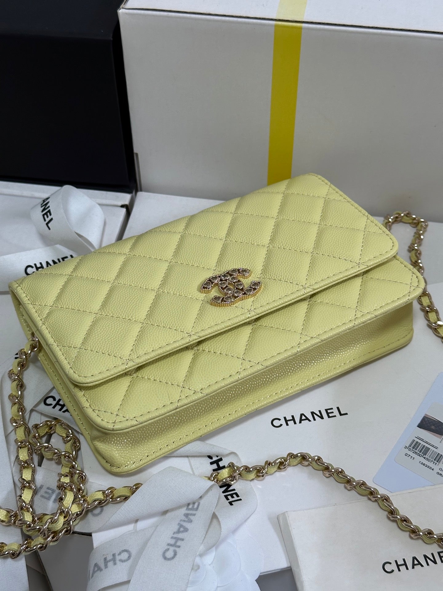 CC 25P Wallet On Chain 19cm Yellow Pastel Cowhide Heart Rhinestone 243595 mysite